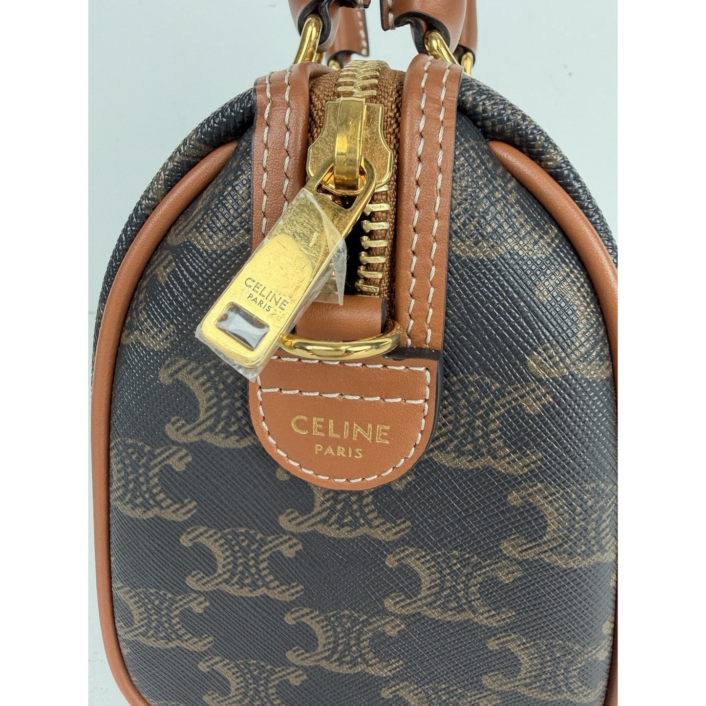 Celine Small Boston Bag in Tan Triomphe Coated Canvas F1