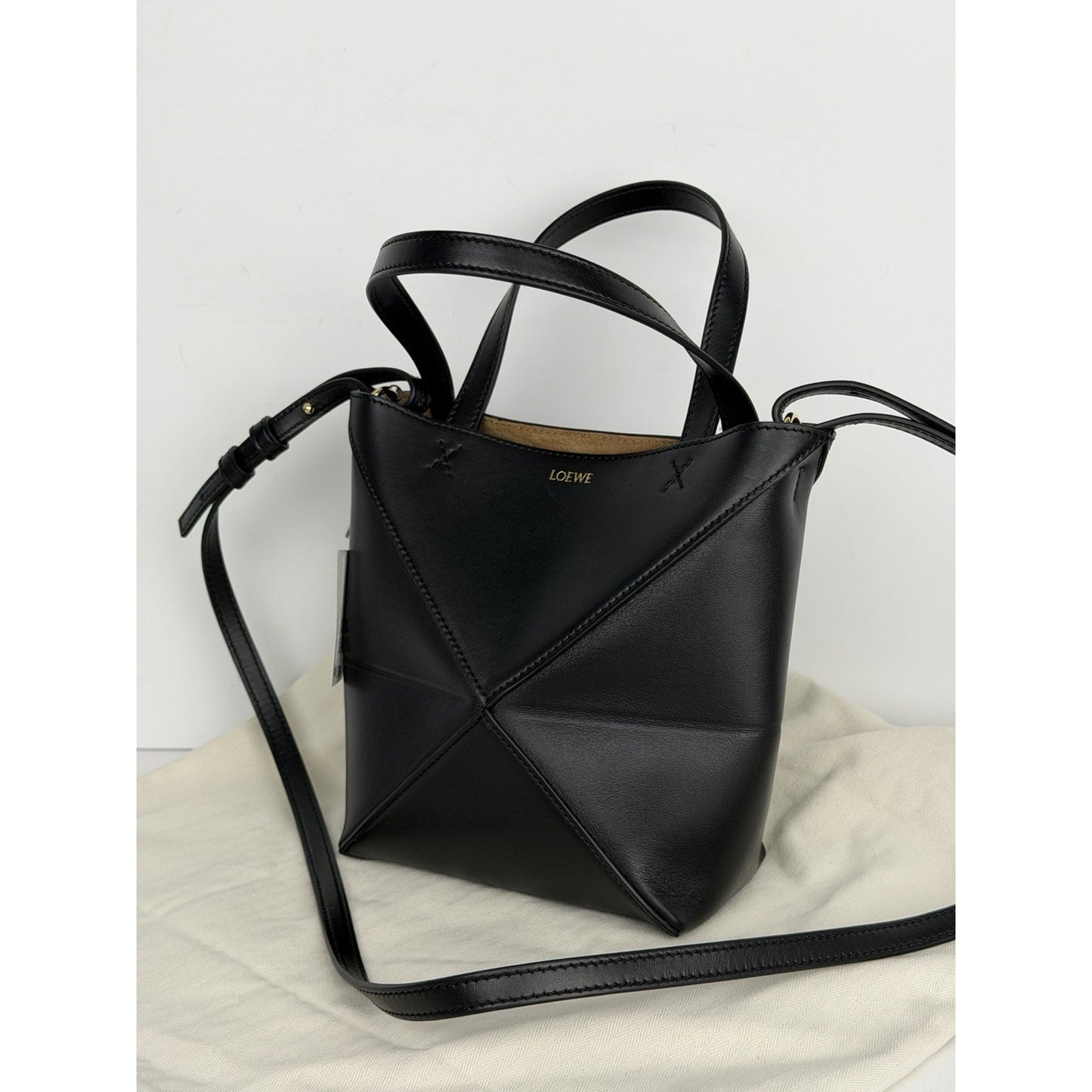 Loewe Shiny Calfskin Mini Puzzle Fold Tote Bag in Black Leather F2