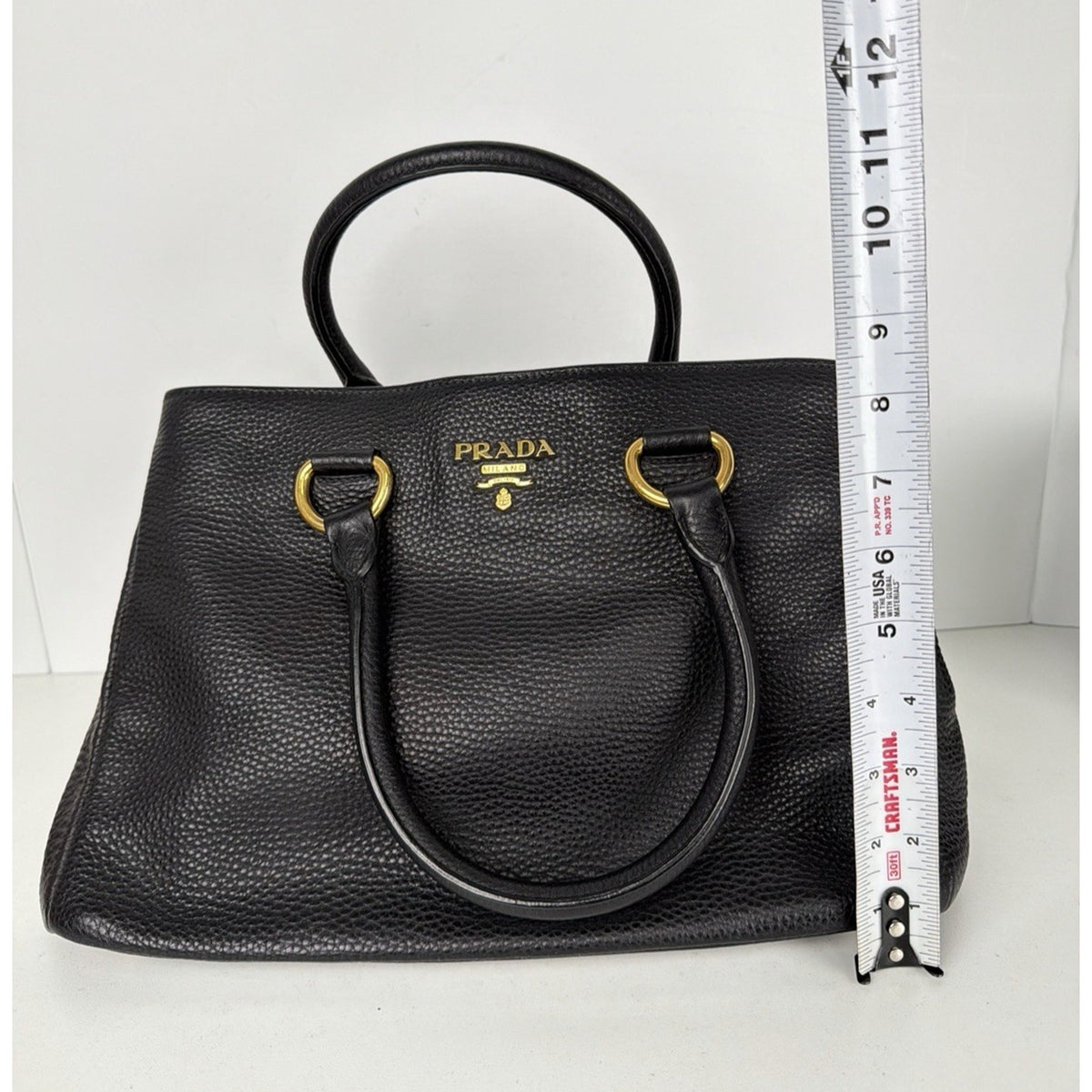 Prada Vitello Daino Medium Top Handle Bag in Black Leather Gold-Tone Hardware E6