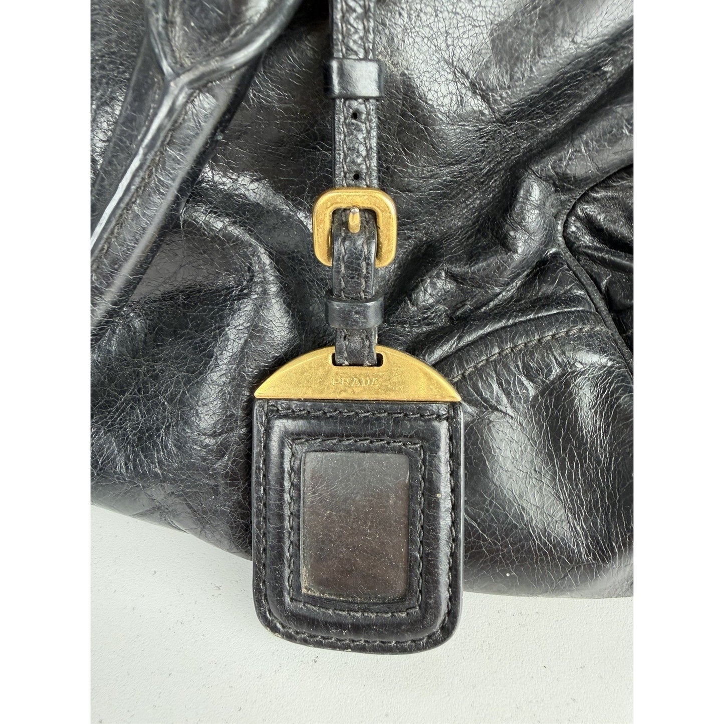Prada Shopping Satchel Bag Medium Black Vitello Crinkled Leather Gold Hardware S