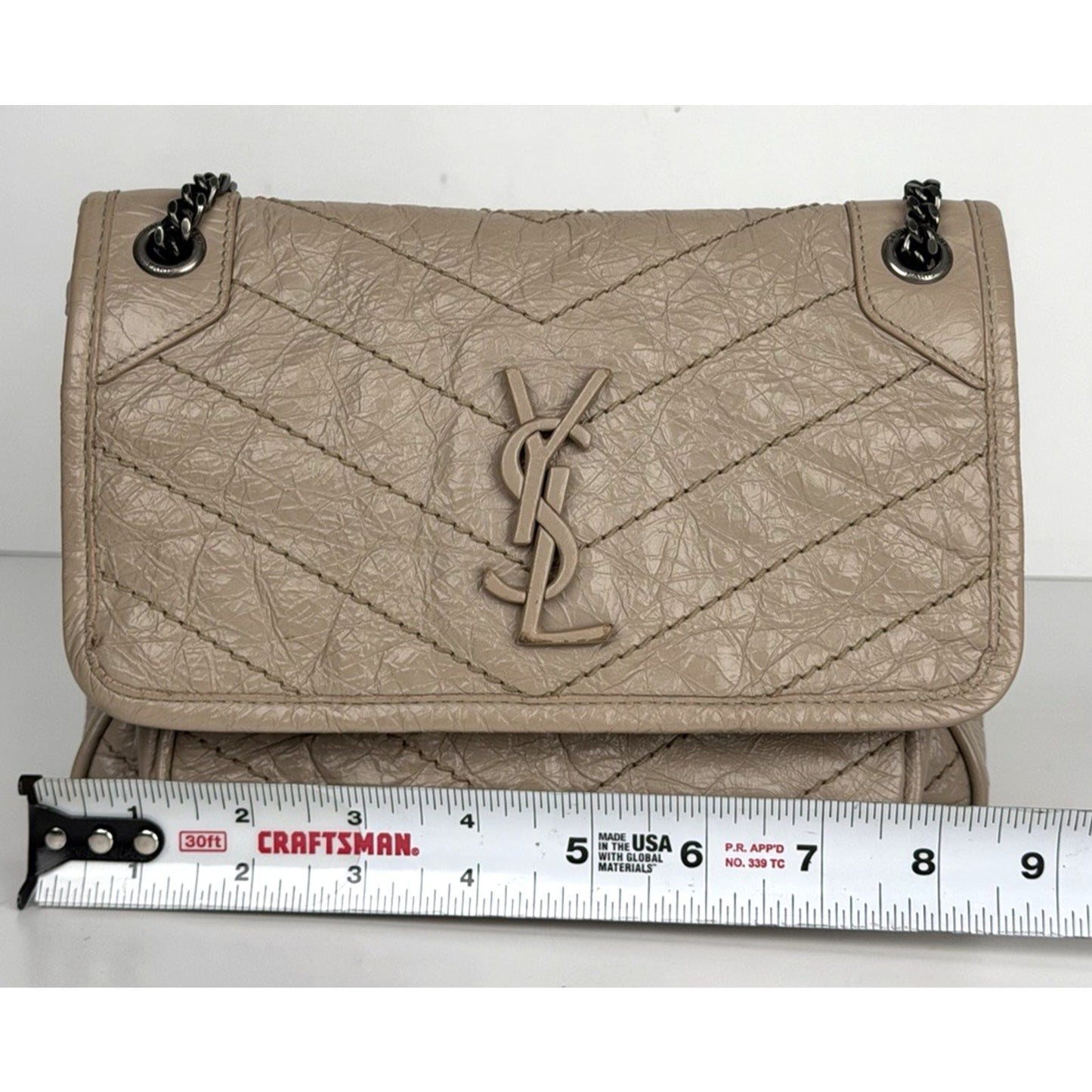 Saint Laurent Signature Niki Bag Small Light Taupe Crinkled Calfskin Leather S09