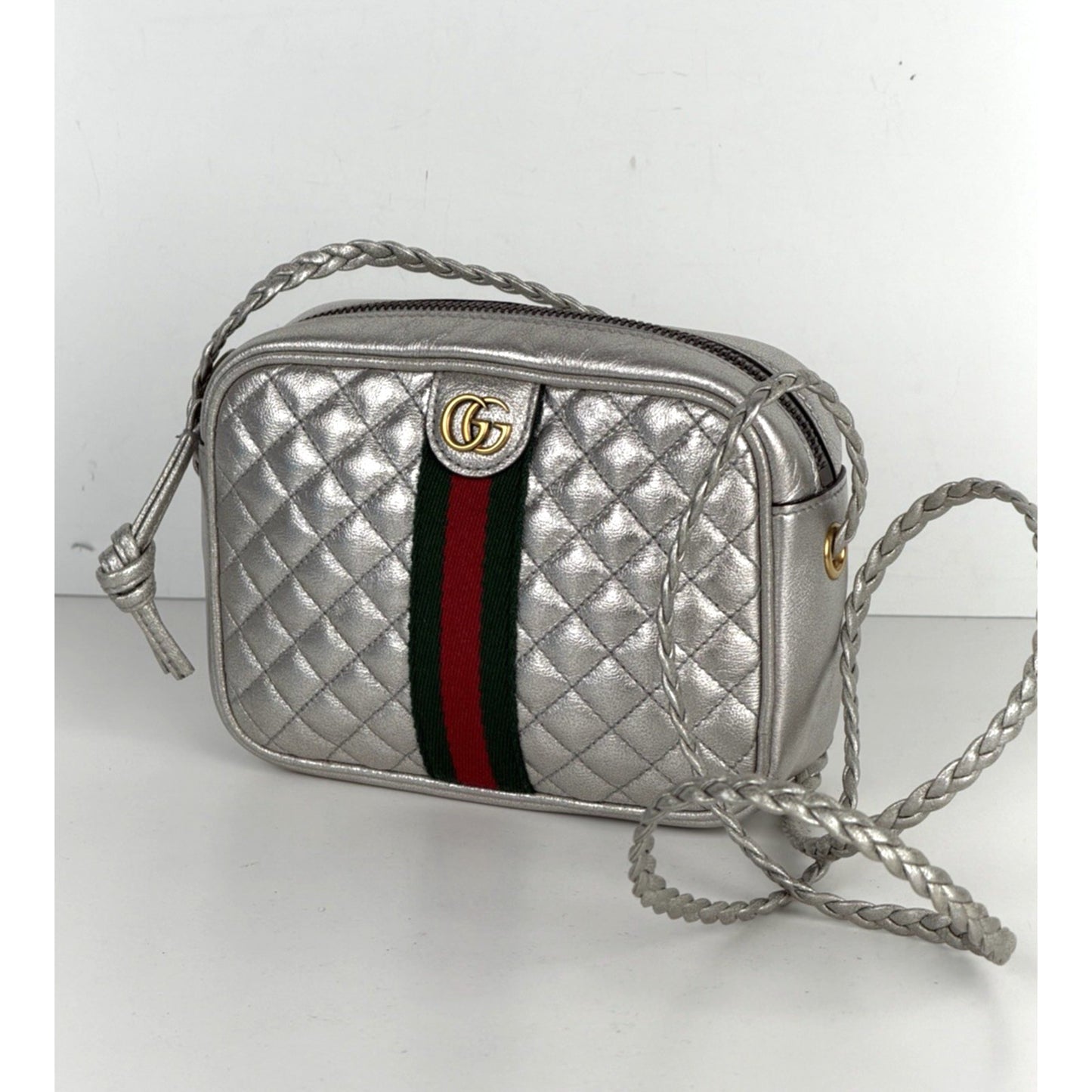 Gucci Web Ophidia Trapuntata Camera Bag Mini Quilted Silver Metallic Leather S