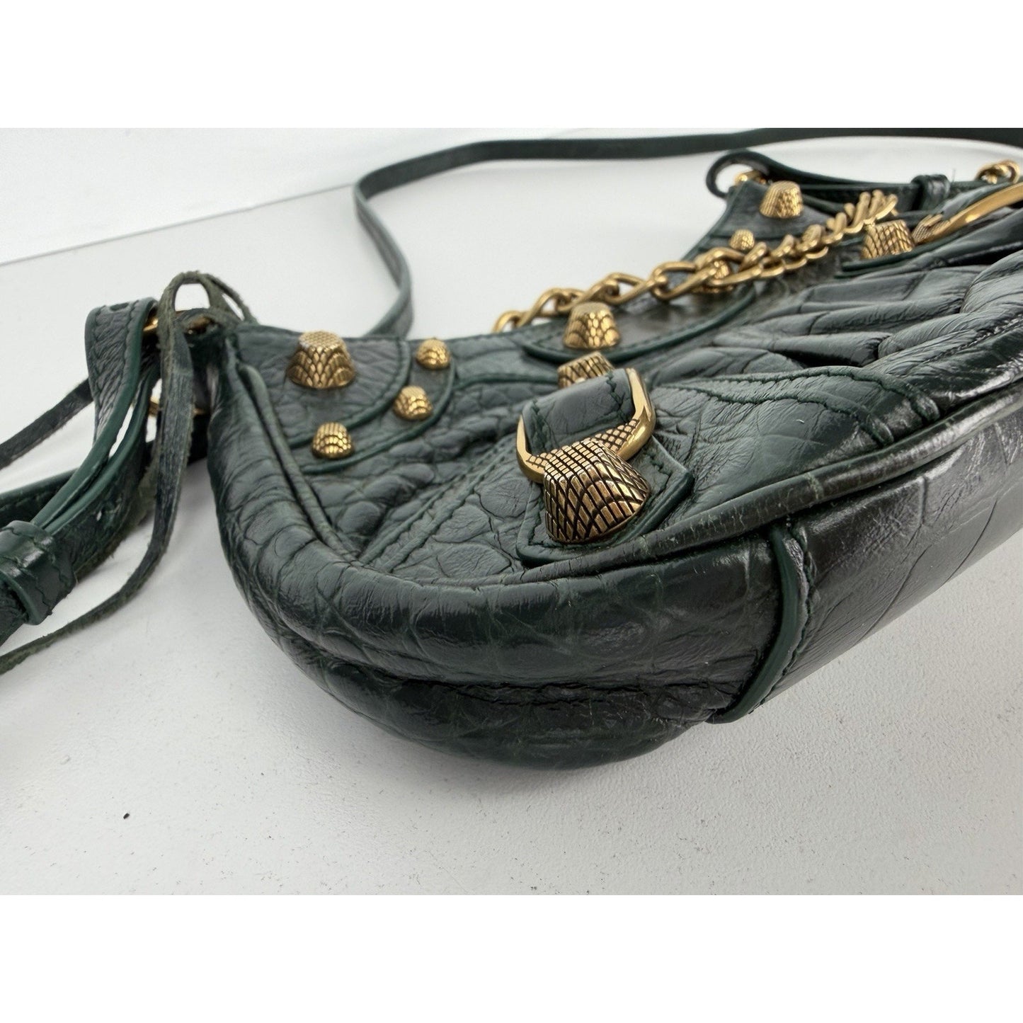 Balenciaga Le Cagole Mini Shoulder Bag in Dark Green Croc-Embossed Leather S-01