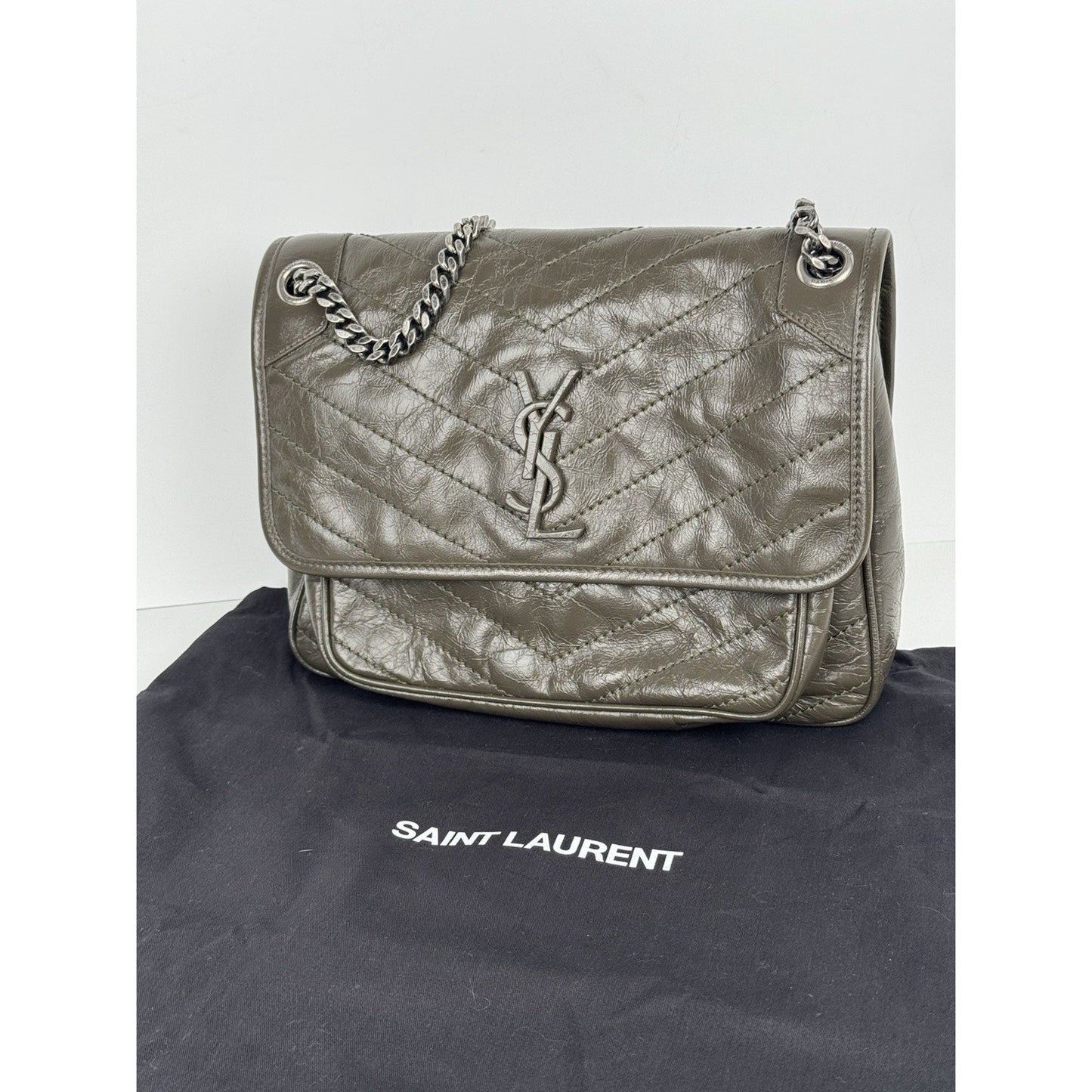 Saint Laurent Niki Medium Crinkled Matelassé Chain Satchel Dark Green C-6