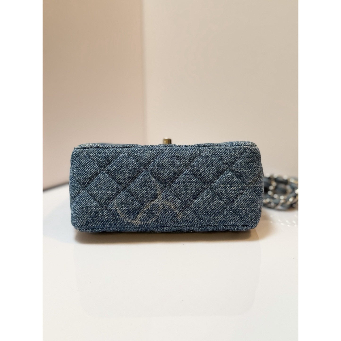 Chanel Square Classic Single Flap Bag Quilted CC Printed Denim Mini