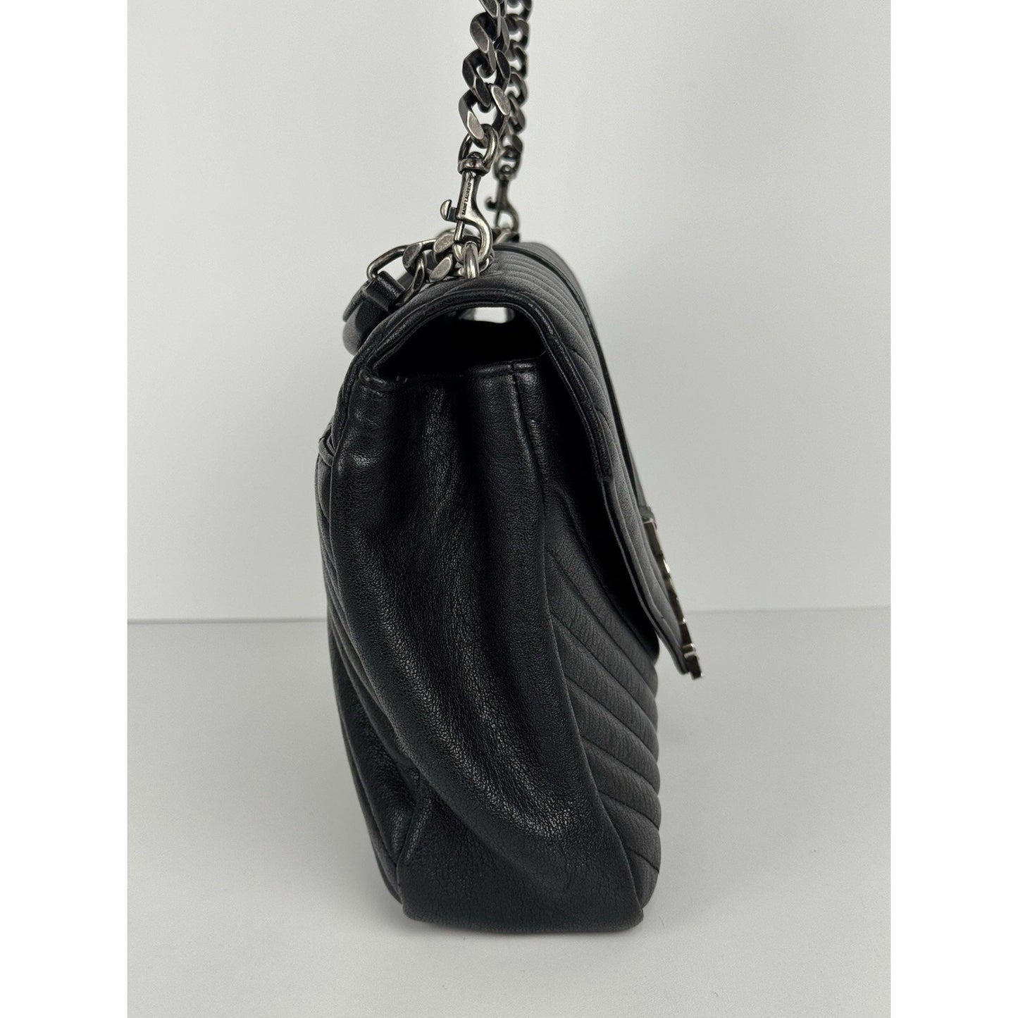 Saint Laurent Large College Satchel Black Chevron Leather Silver Hardware C5