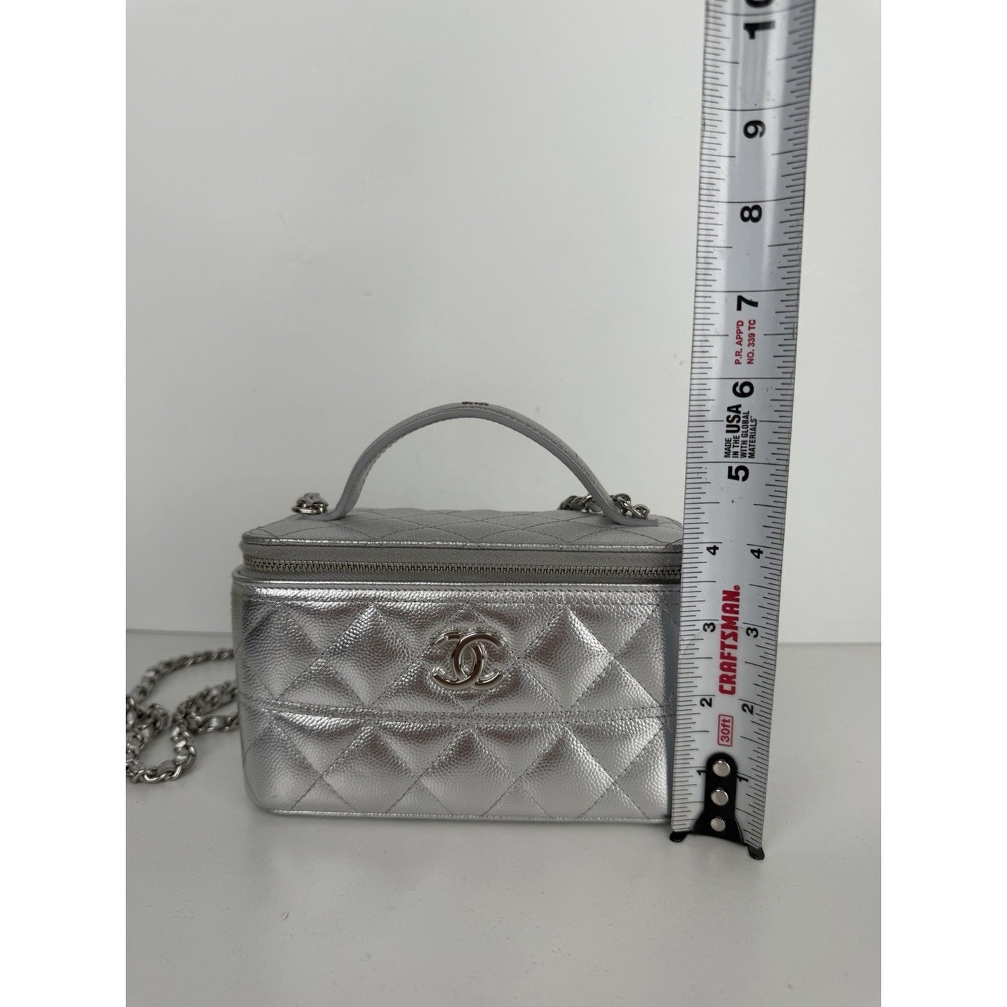 Chanel Slim Top Handle Vanity Case Bag in Metallic Silver Caviar Leather NFC B-5