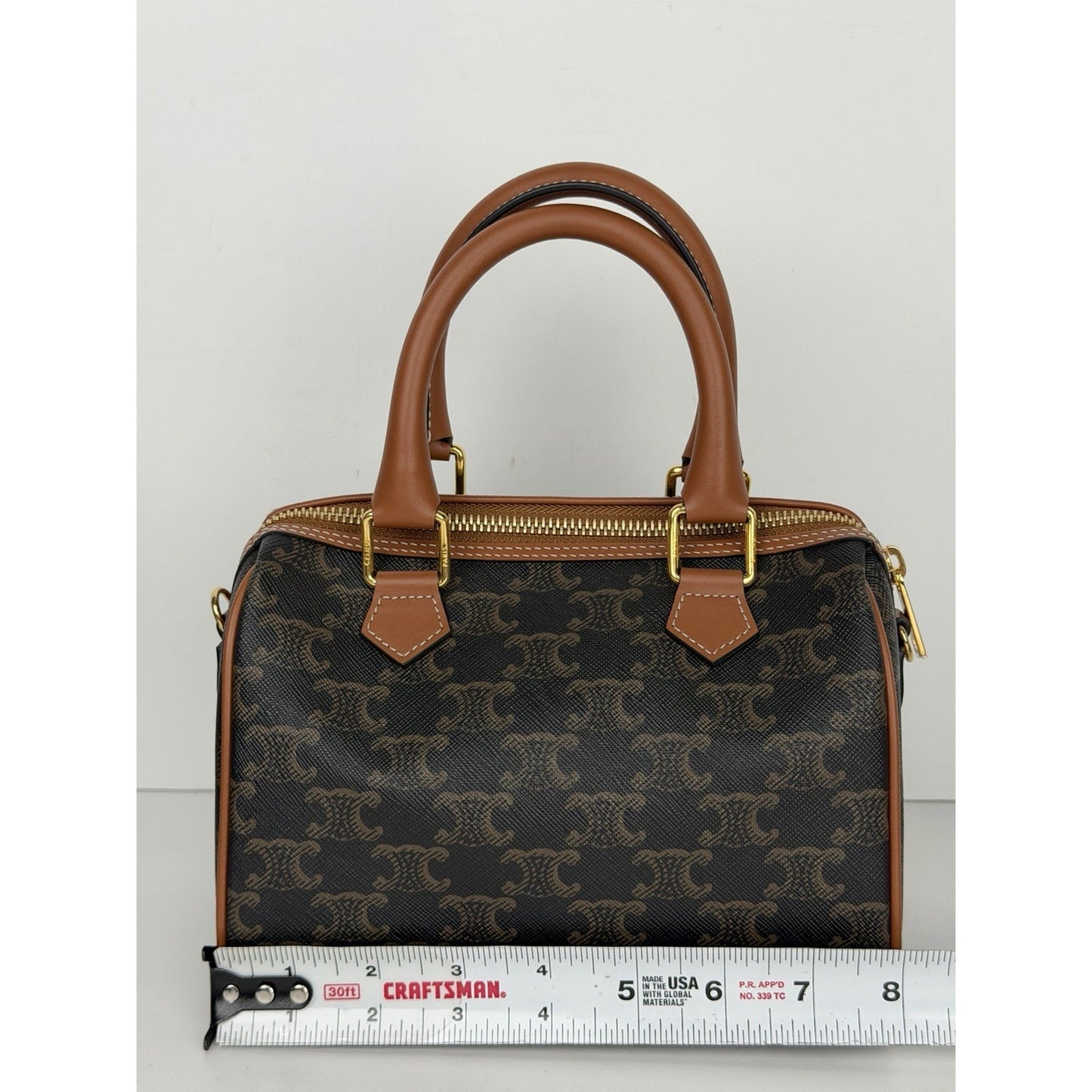 CELINE Small Boston Bag in Triomphe Canvas and Calfskin Leather E4