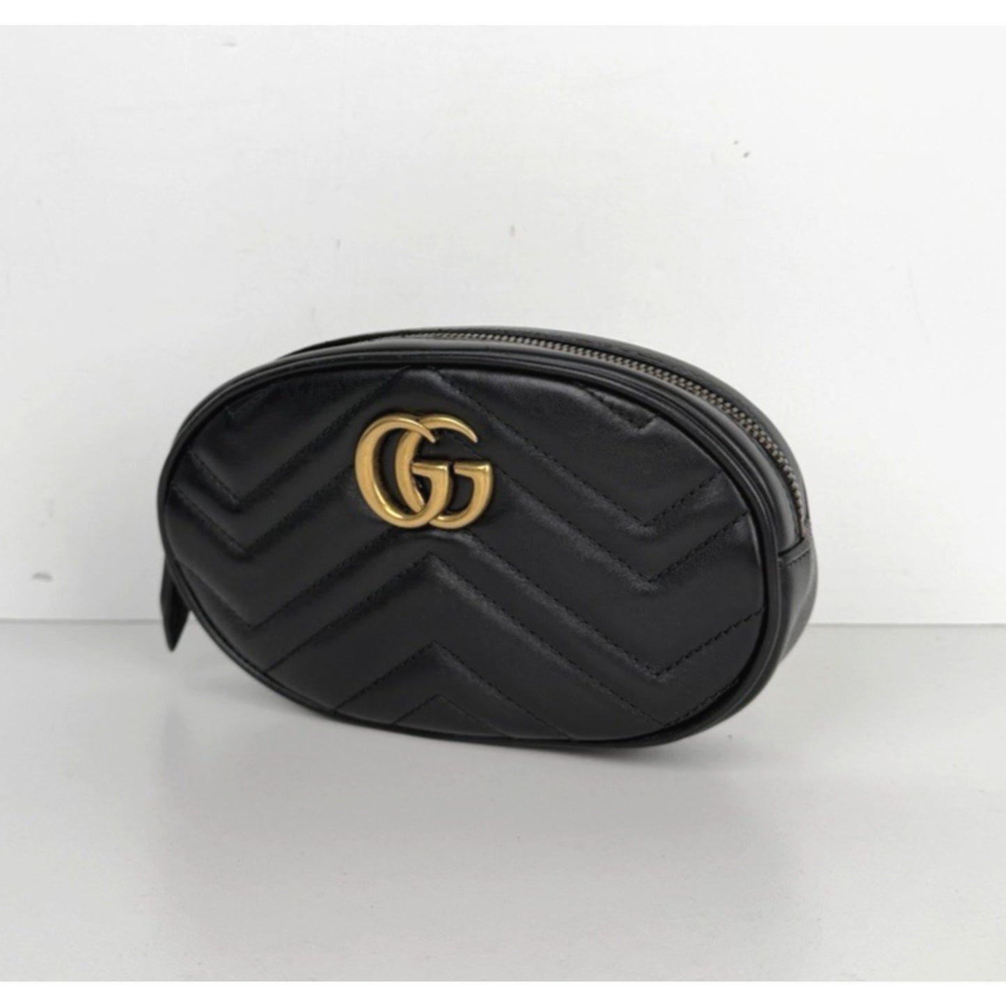 Gucci GG Marmont Small Belt Bag in Black Matelasse Quilted Chevron Leather S19