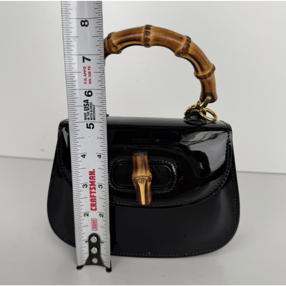 Gucci Bamboo 1947 Mini Top Handle Bag in Black Patent Leather S-19