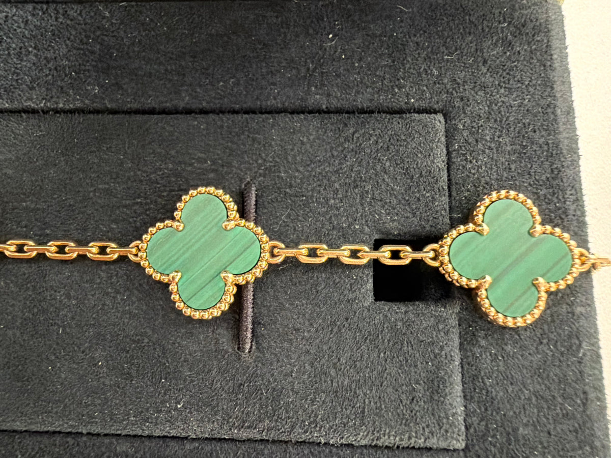 Van Cleef & Arpels Vintage Alhambra Bracelet 5 Motifs in 18K Yellow Gold Green Malachite Clover Motifs
