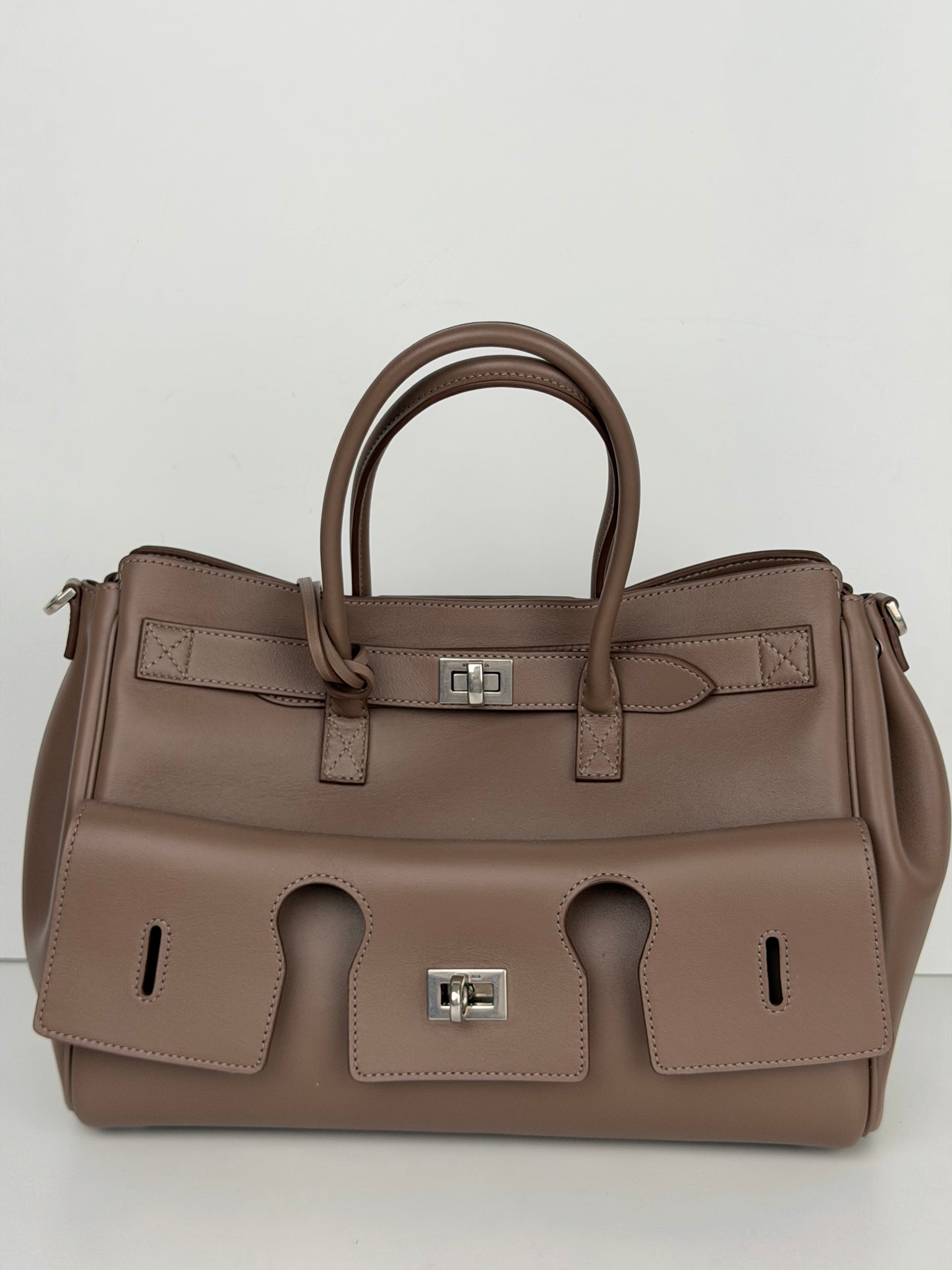 Balenciaga Smooth Calfskin Small Bel Air Carry All Bag in Dark Taupe B3