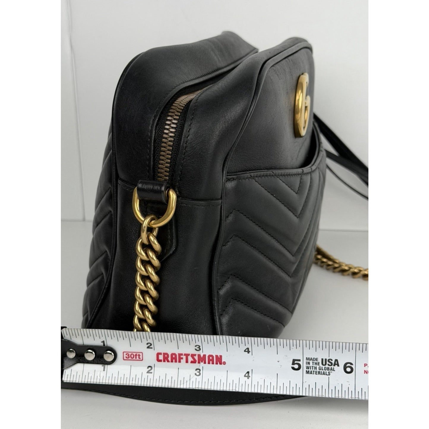 Gucci GG Marmont Matelasse Shoulder Bag Medium Black Leather Chevron Pattern S16