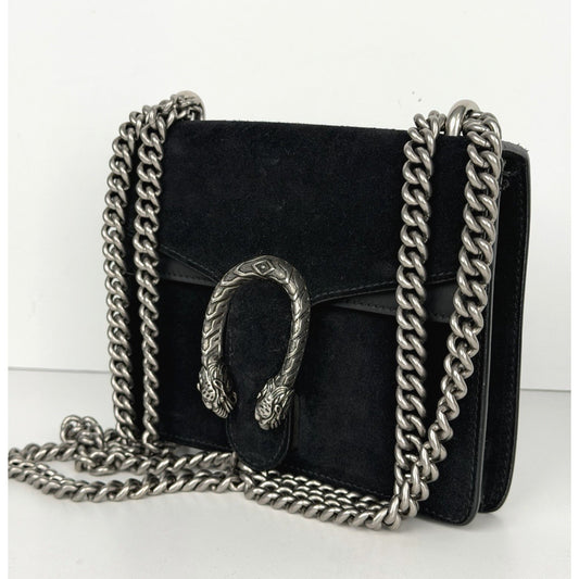 Gucci Dionysus Chain Shoulder Mini Bag in Black Suede Silver-Tone Hardware S17