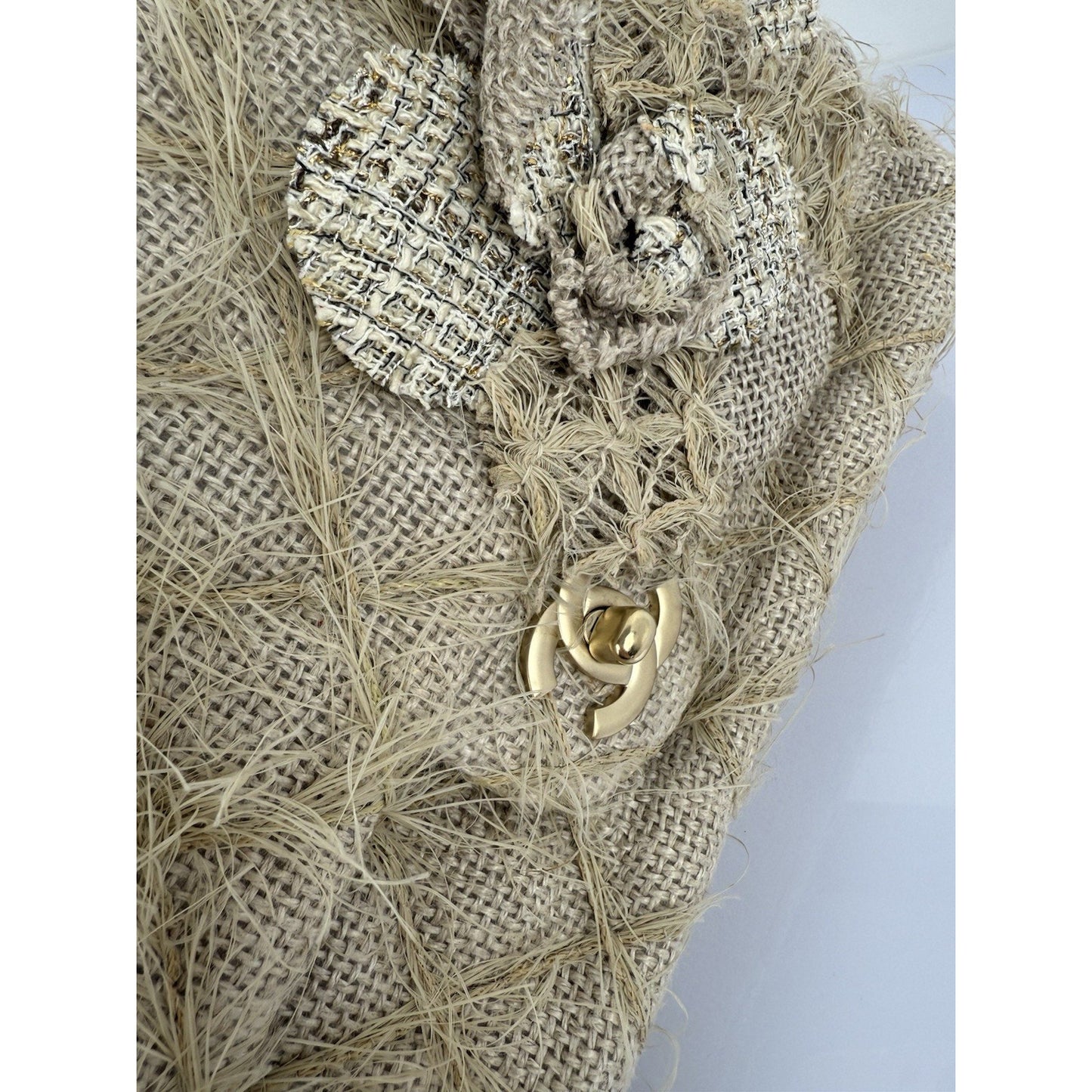 CHANEL Taupe Linen Quilted Camelia Straw Jute Raffia Medium Flap Shoulder Bag