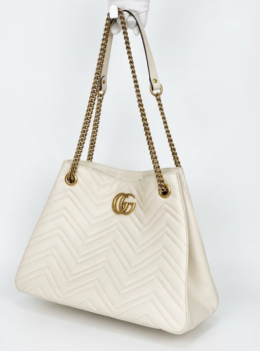 Gucci GG Marmont Chain Shoulder Bag in Beige Matelasse Leather YS18