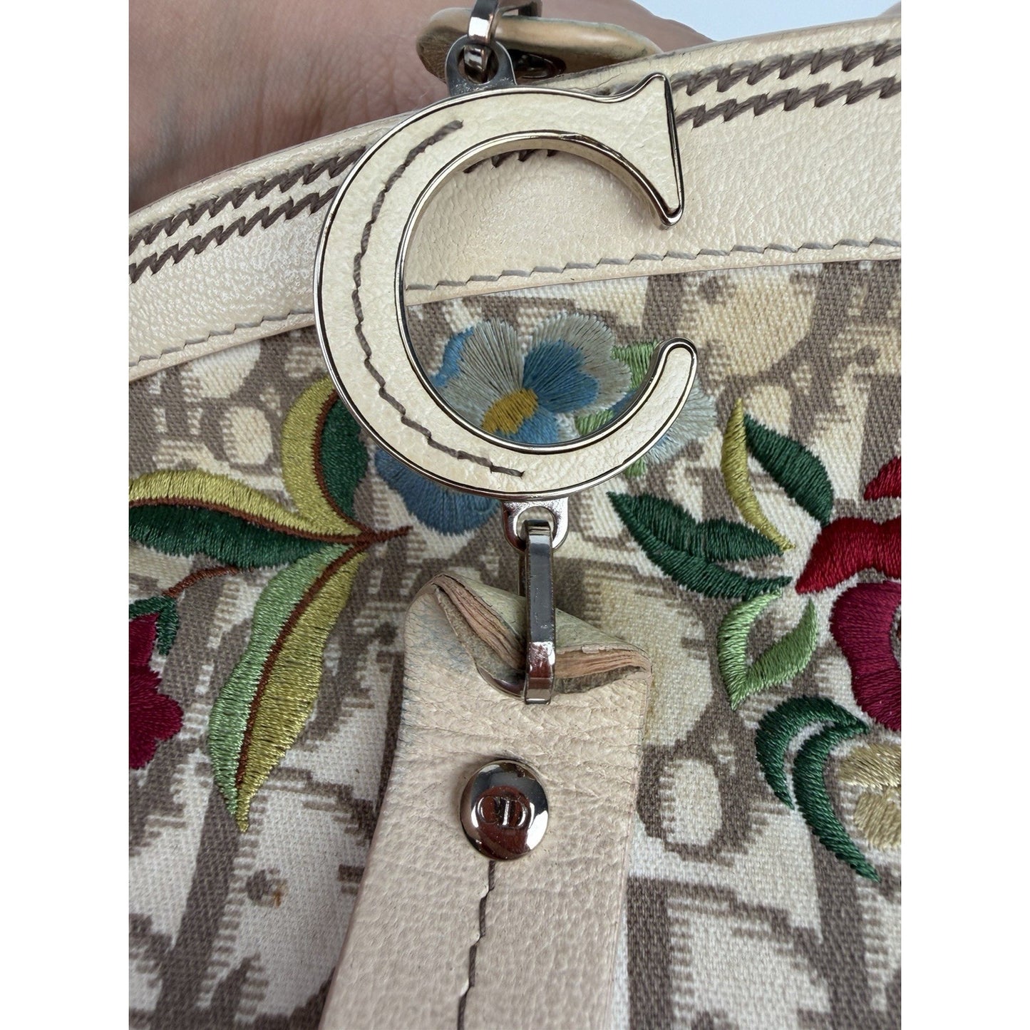 Christian Dior Trotter Bowling Bag Beige Diorissimo Canvas Floral Embroidered S7