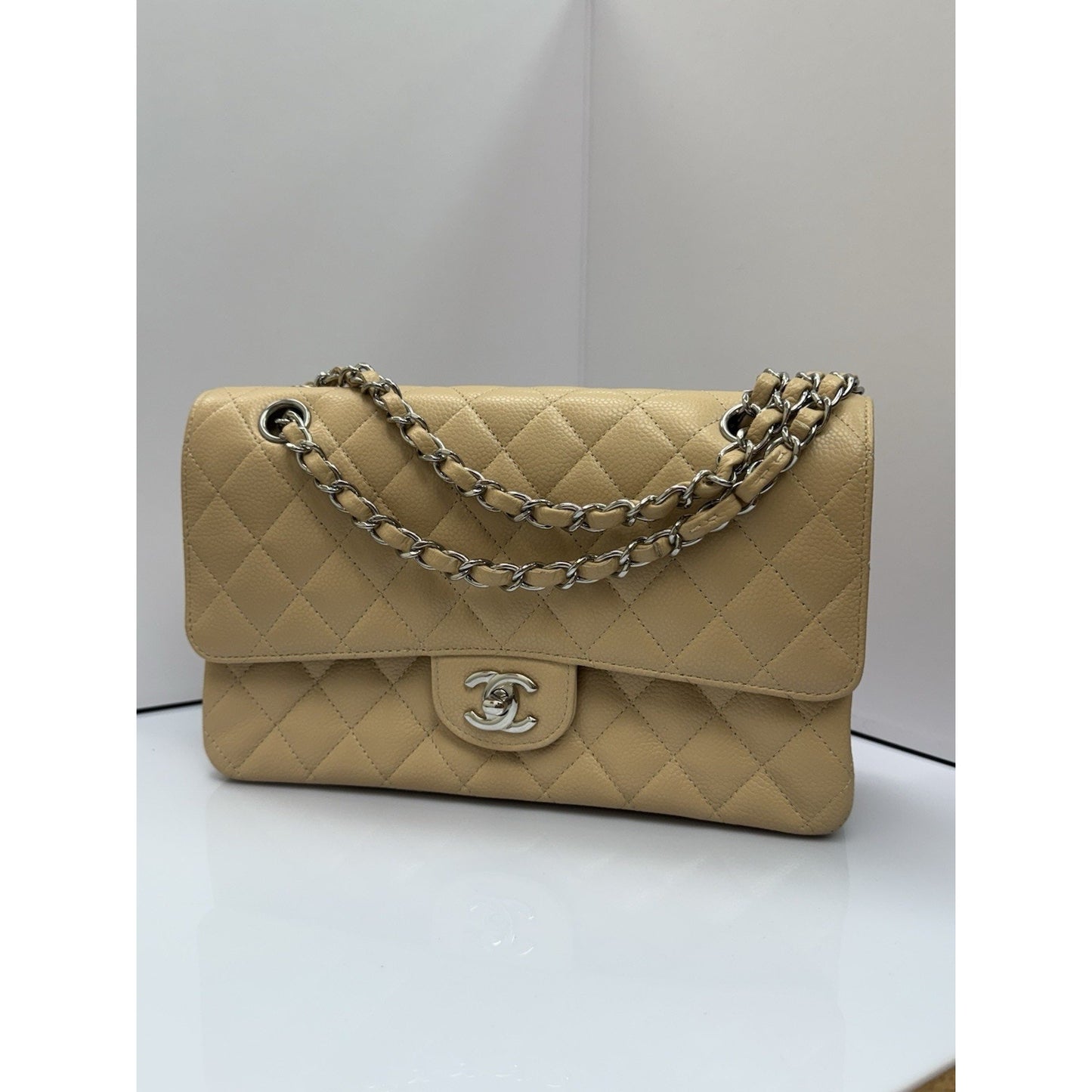 CHANEL Medium Classic Double Flap Beige Caviar Leather Shoulder Bag 2012-2013