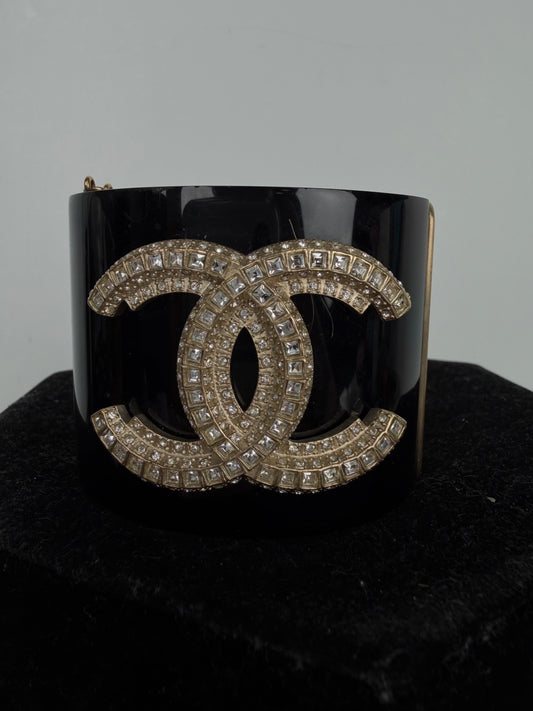 Chanel Resin Hinged Cuff Wide Bracelet in Black & Gold with Strass K-1