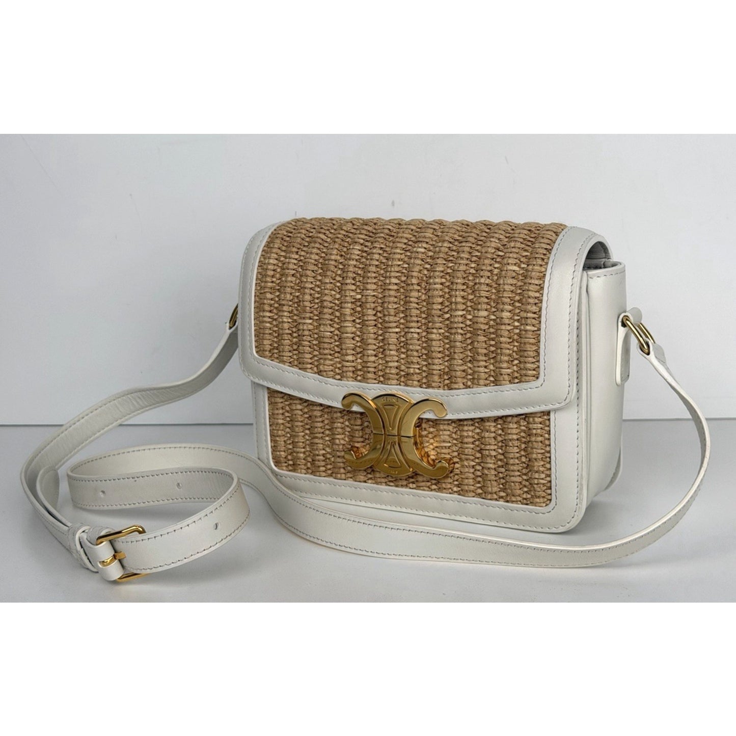 Celine Teen Triomphe Shoulder Bag in Natural Raffia White Calfskin Trim 2023 C2