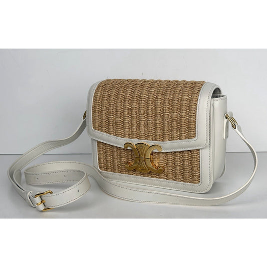 Celine Teen Triomphe Shoulder Bag in Natural Raffia White Calfskin Trim 2023 C9