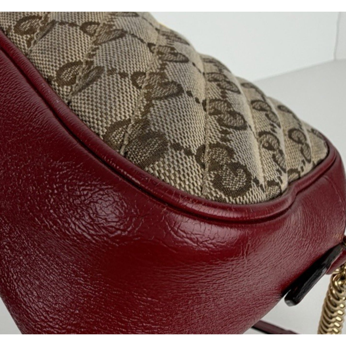 Gucci GG Marmont Camera Bag Small in Diagonal Quilted Canvas Leather Trim S09
