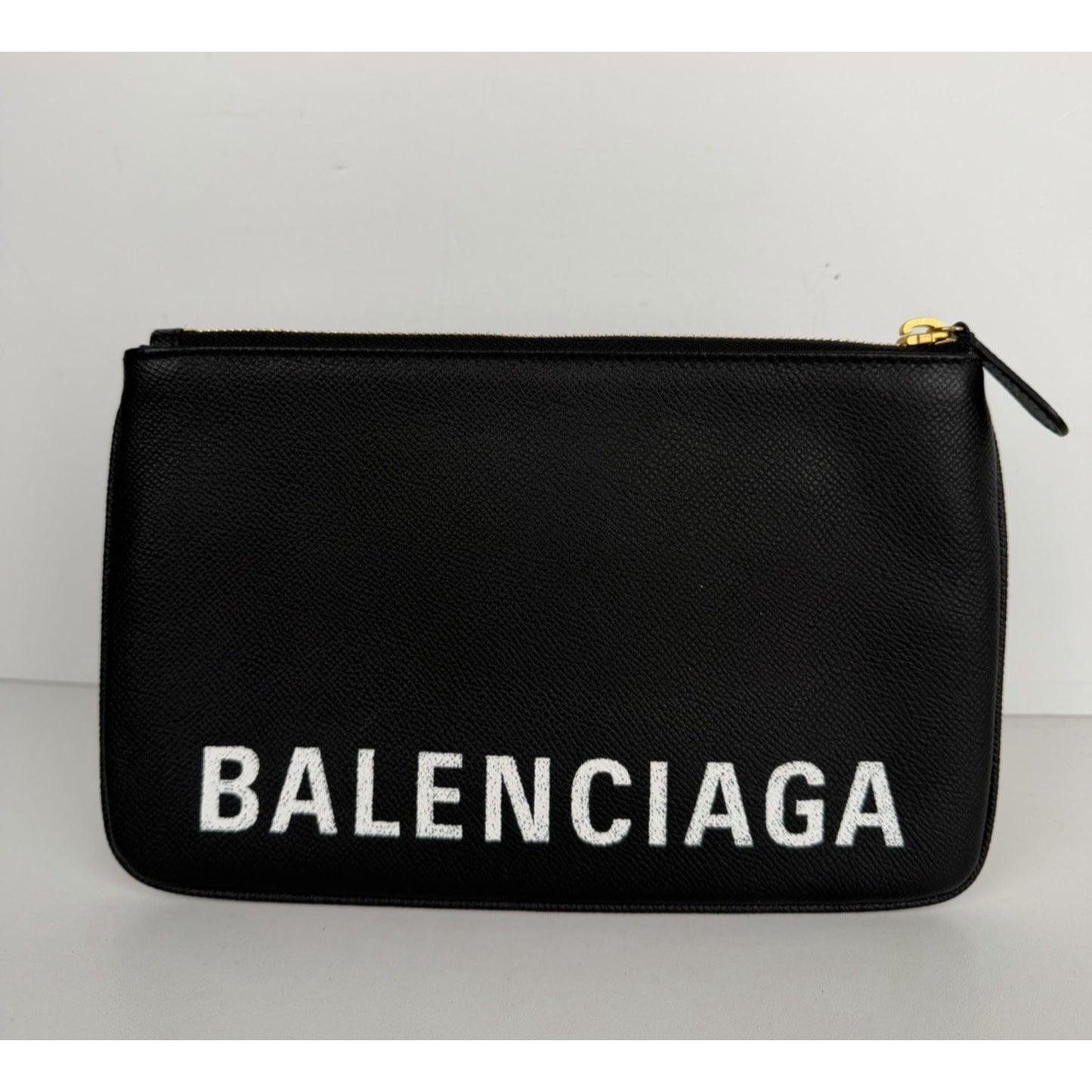 Balenciaga Ville Clutch Bag in Black Grained Leather with White Logo S-16