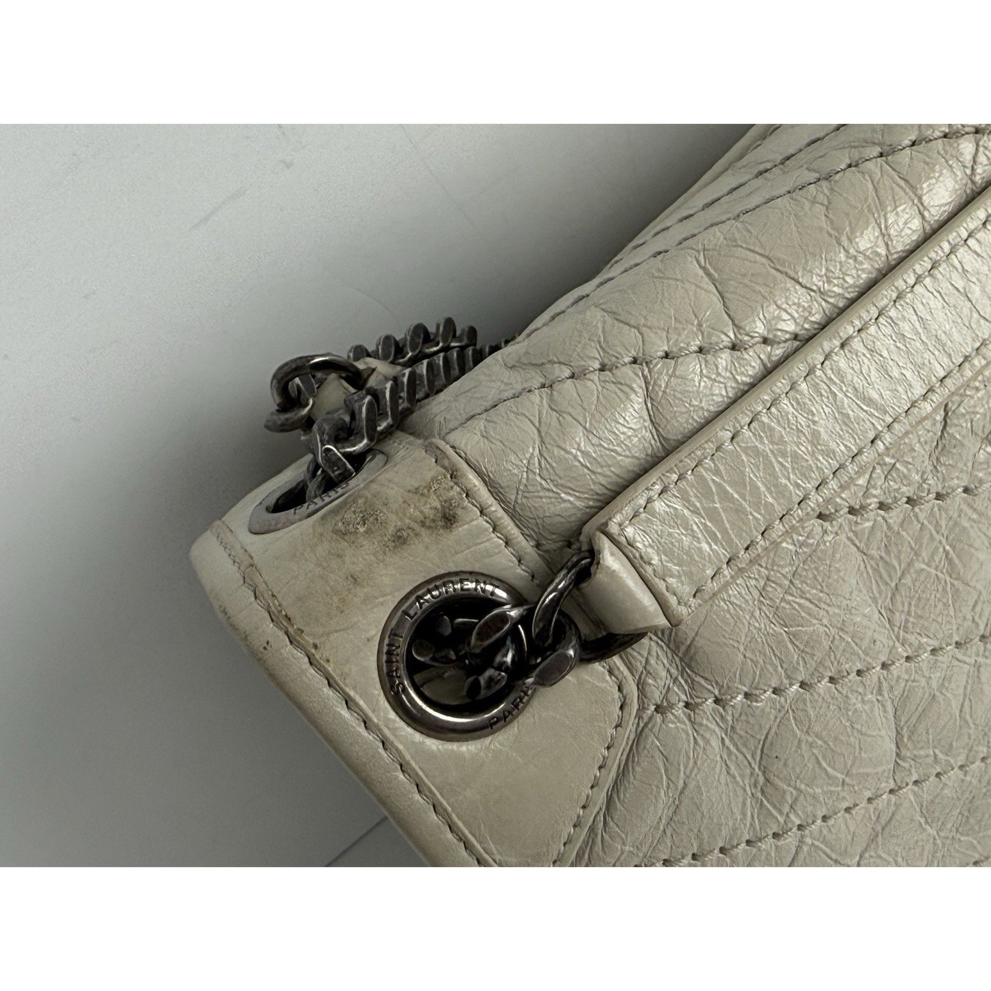 Saint Laurent Niki Medium Chain Satchel Crinkled Calfskin Matelassé Crema Soft