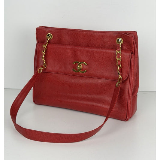 Chanel Outside Flap CC Pocket Tote Bag Vintage Red Caviar Leather 1994–1996 F1