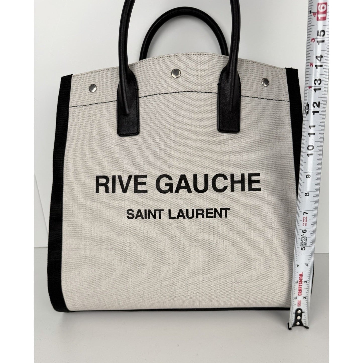 Saint Laurent Rive Gauche North/South Vertical Tote Bag White & Black Canvas S06