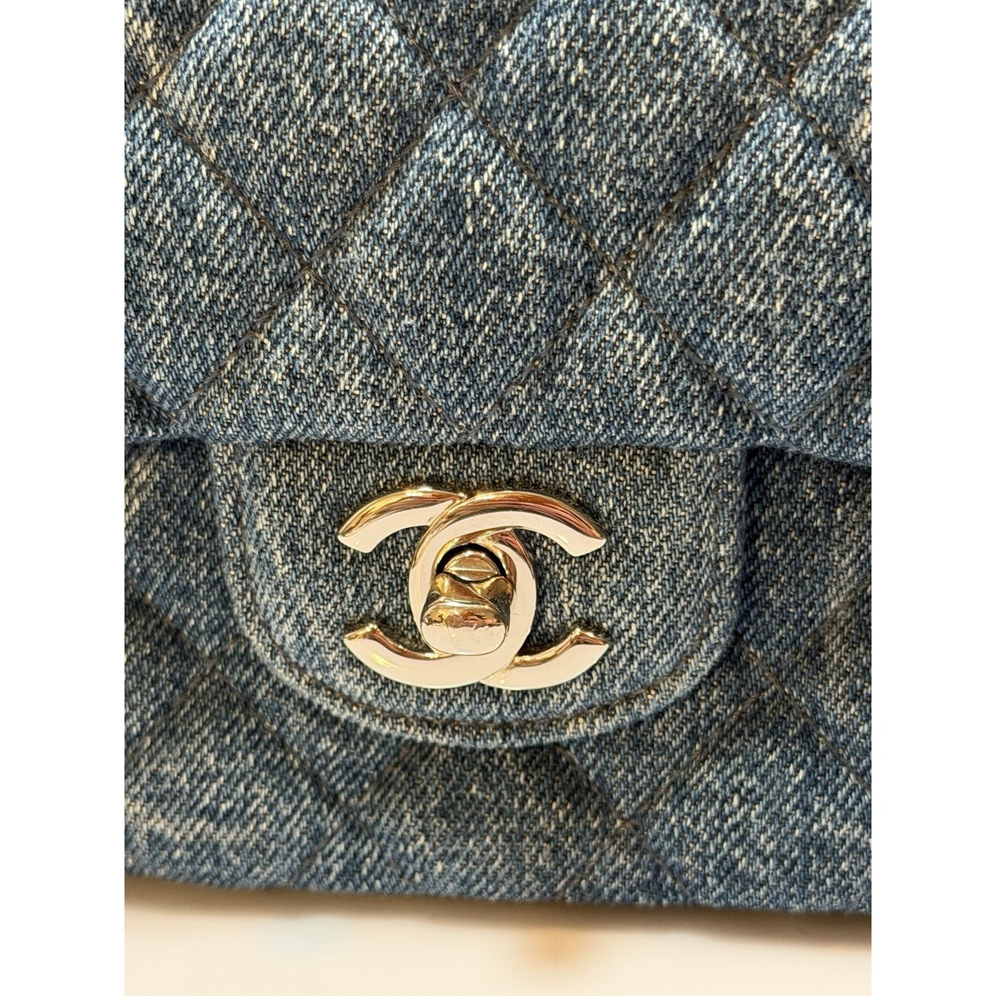 Chanel Square Classic Single Flap Bag Quilted CC Printed Denim Mini