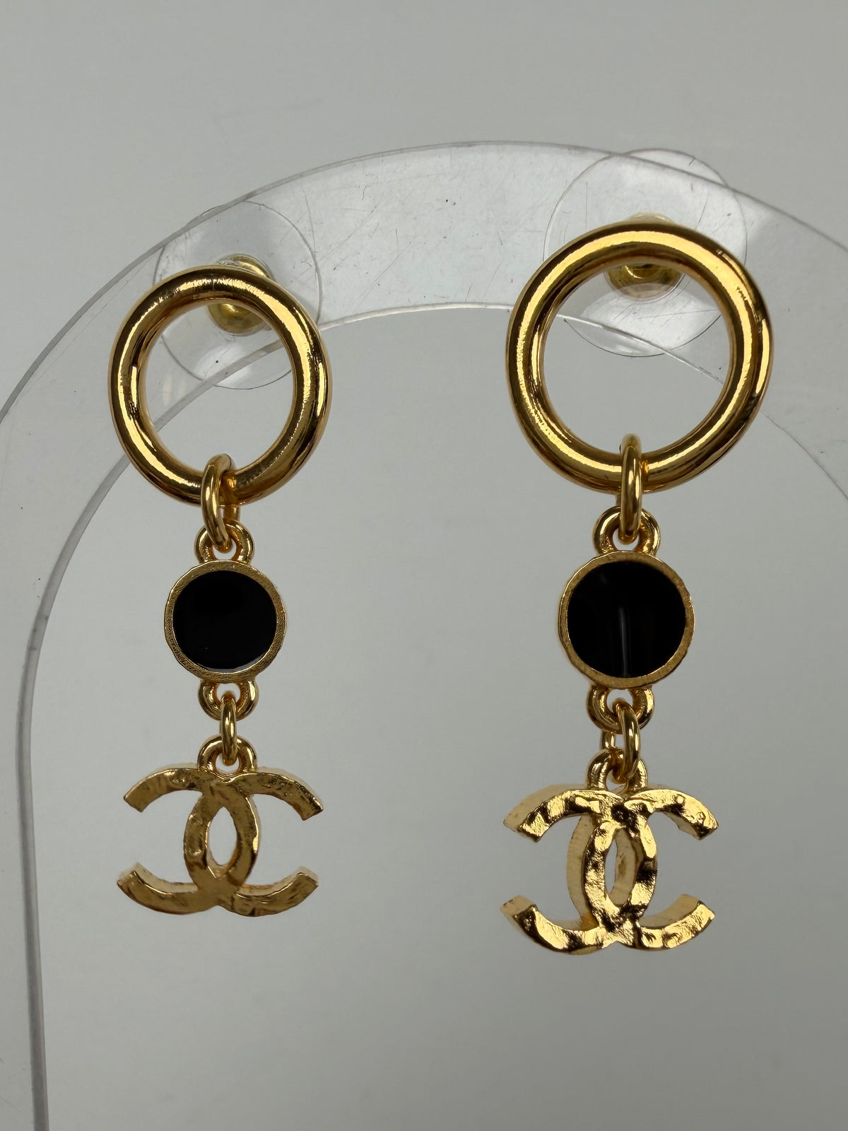 Chanel Metal Resin Disc CC Long Drop Earrings in Gold and Black K1