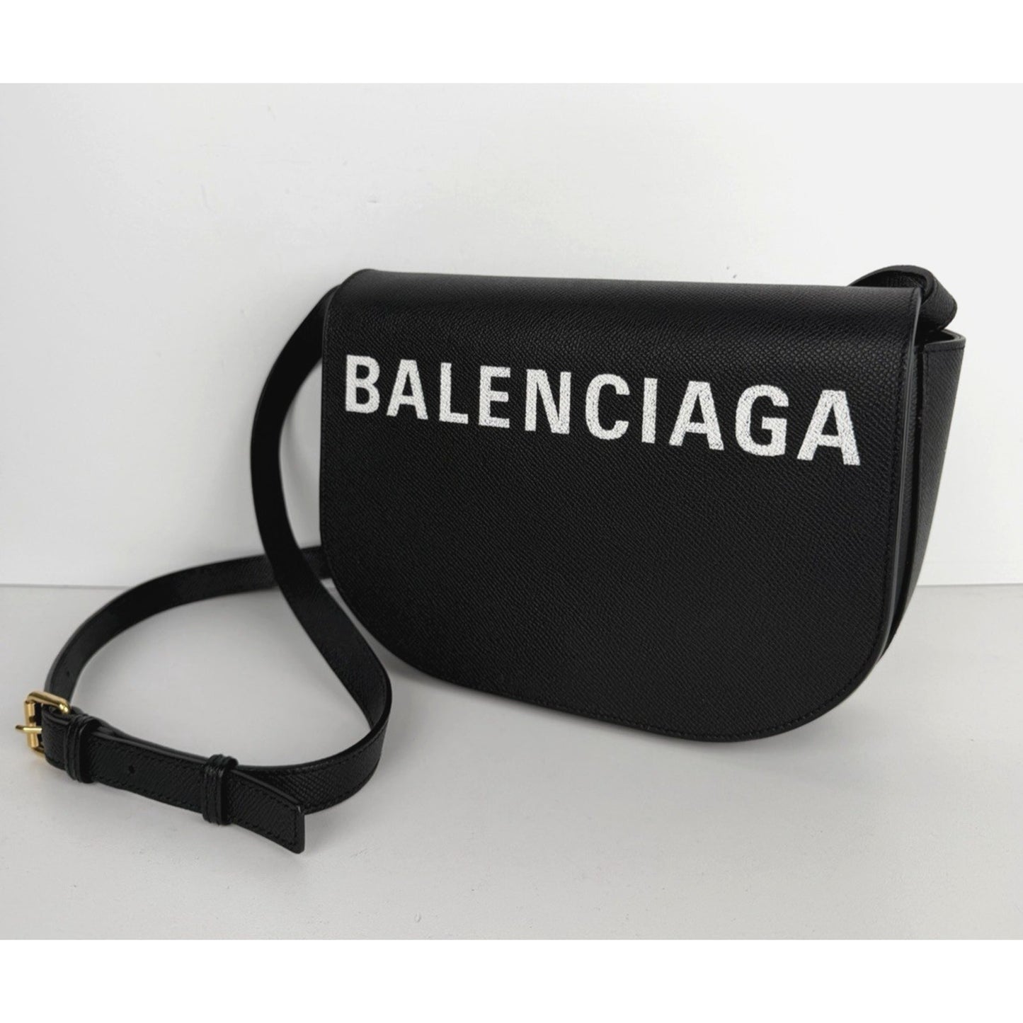Balenciaga Ville Day Crossbody Bag in Black Grained Leather with White Logo S-16
