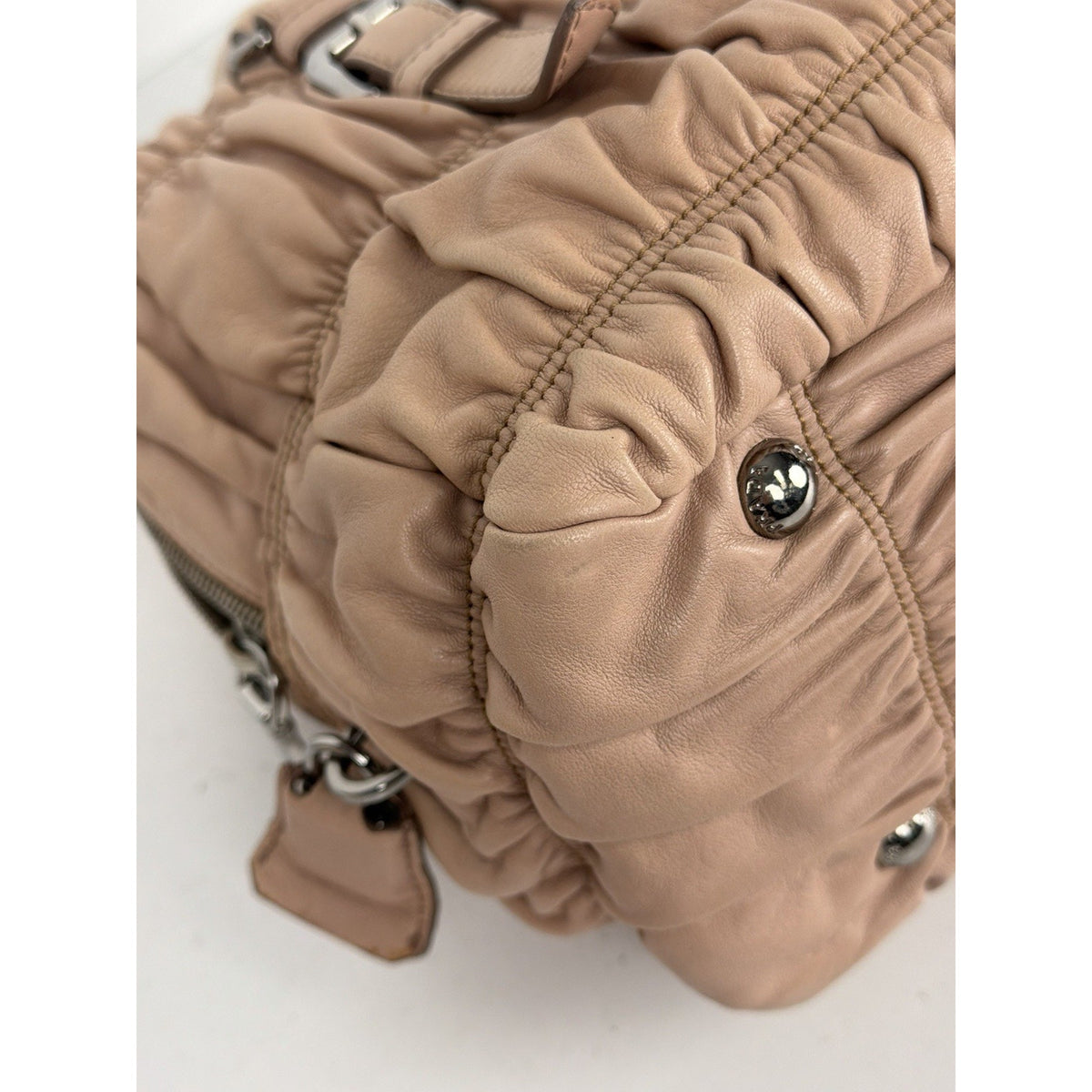 Prada Nappa Gaufre Satchel Shoulder Bag in Beige Leather Silver-Tone Hardware S7
