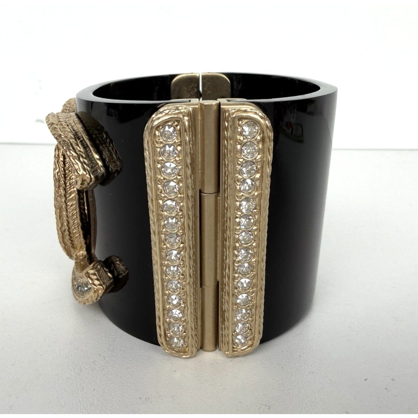 Chanel Resin & Crystal CC Hinged Cuff Wide Bracelet in Black & Gold