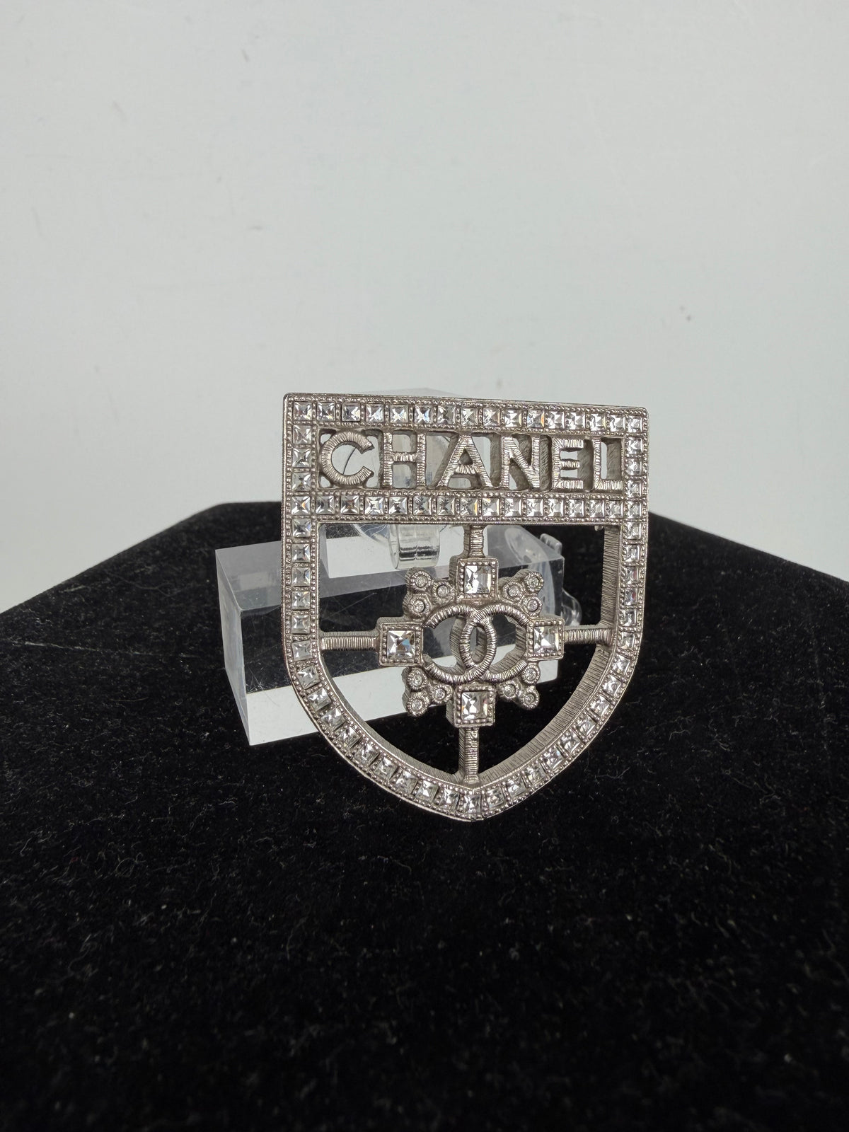 Chanel Swarovski Baguette Crystal CC Shield Brooch in Silver-Tone 2016 Collection K3