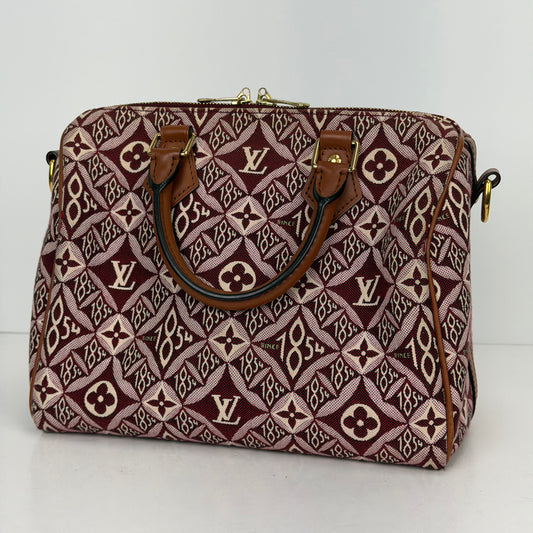 Louis Vuitton "Since 1854" Speedy Bandouliere 25 Handbag in Burgundy Monogram Jacquard 2020 YE9