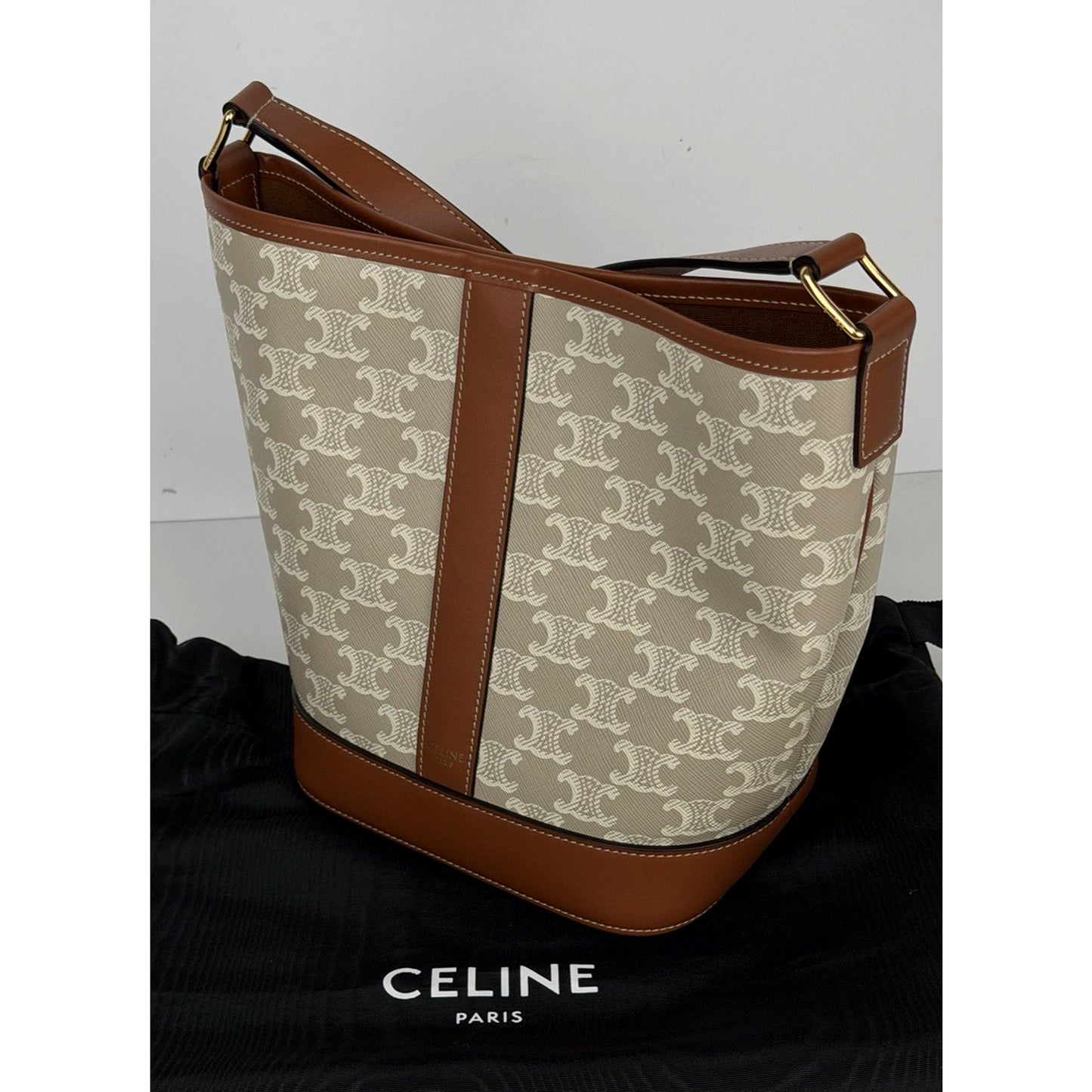 Celine Bucket Bag Small in Tan Triomphe Canvas with Calfskin Leather Trim S14