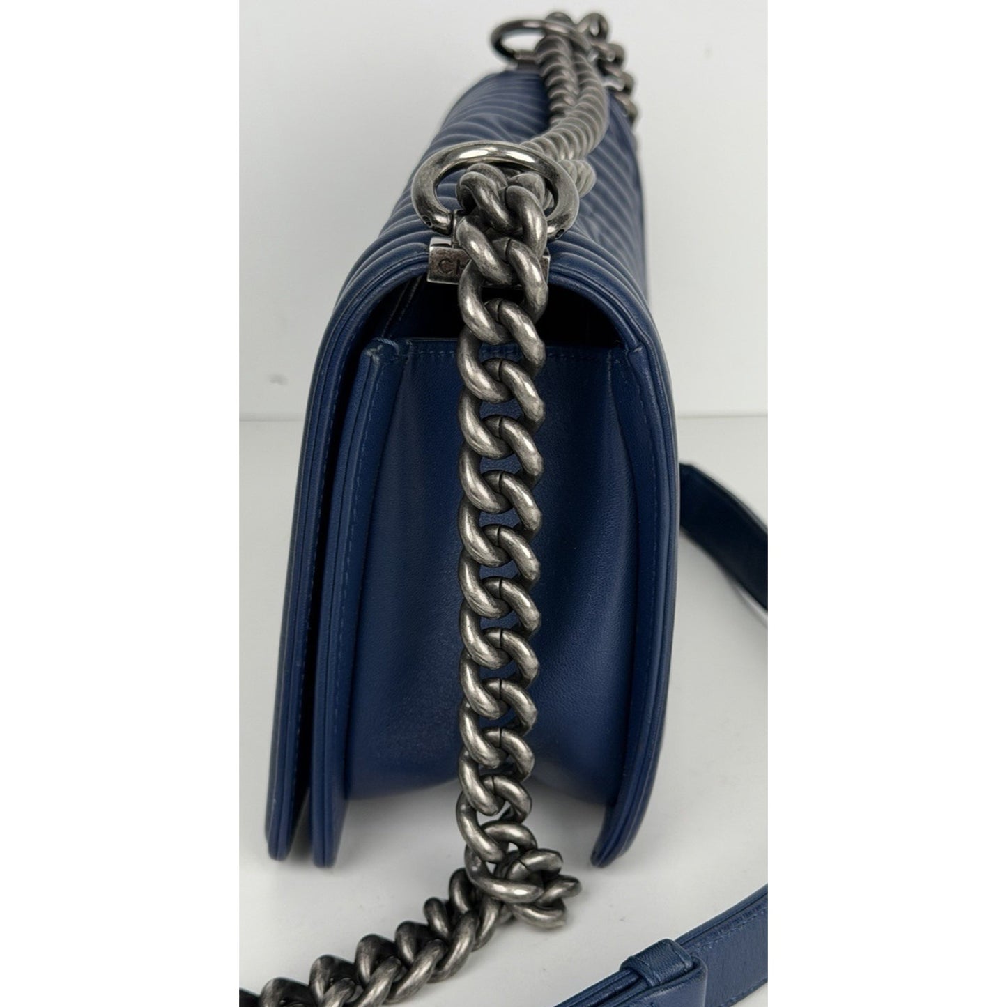 CHANEL Boy Flap Medium Shoulder Bag Lambskin Chevron Navy Blue 2014-2015 B4