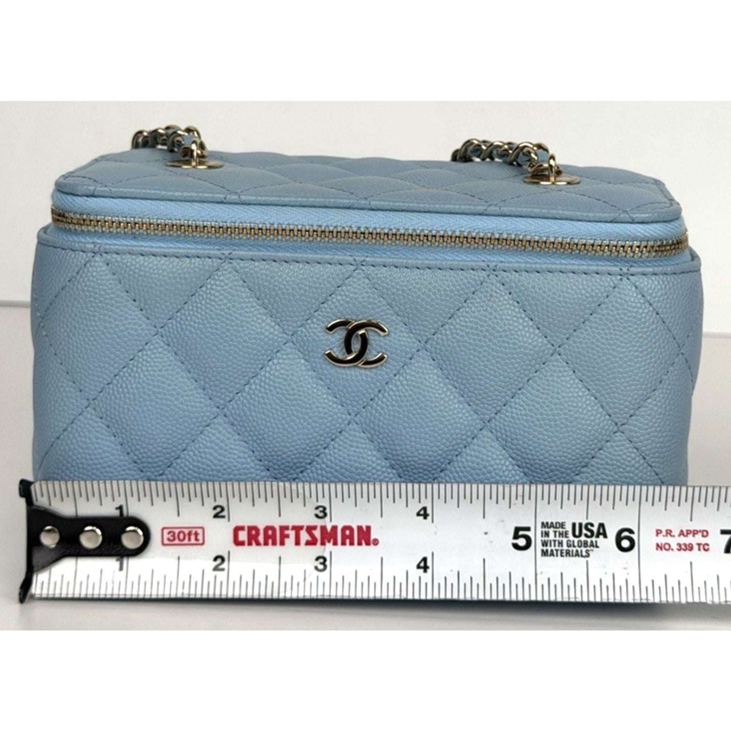 Chanel Caviar Quilted Vanity Small Case Bag With Chain in Light Blue
