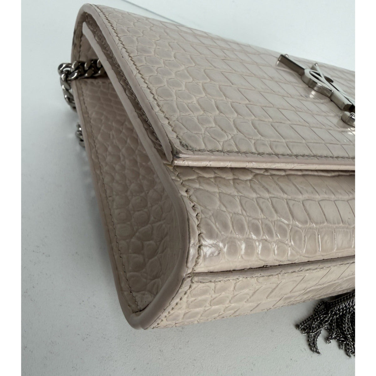 Saint Laurent Kate Monogram Tassel Bag Small Dusty Pink Croc-Embossed Leather S4