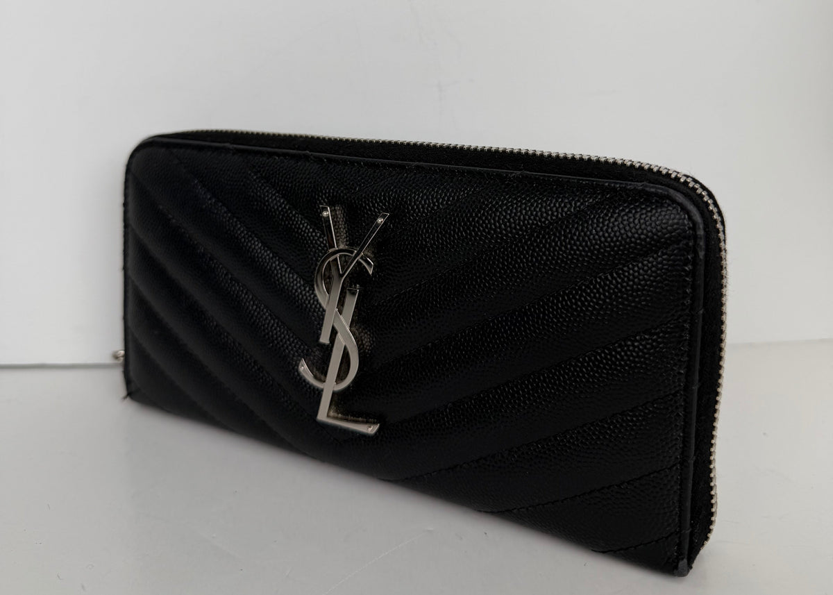 Saint Laurent Cassandre Matelasse Zip Around Wallet in Grain de Poudre Leather YK1