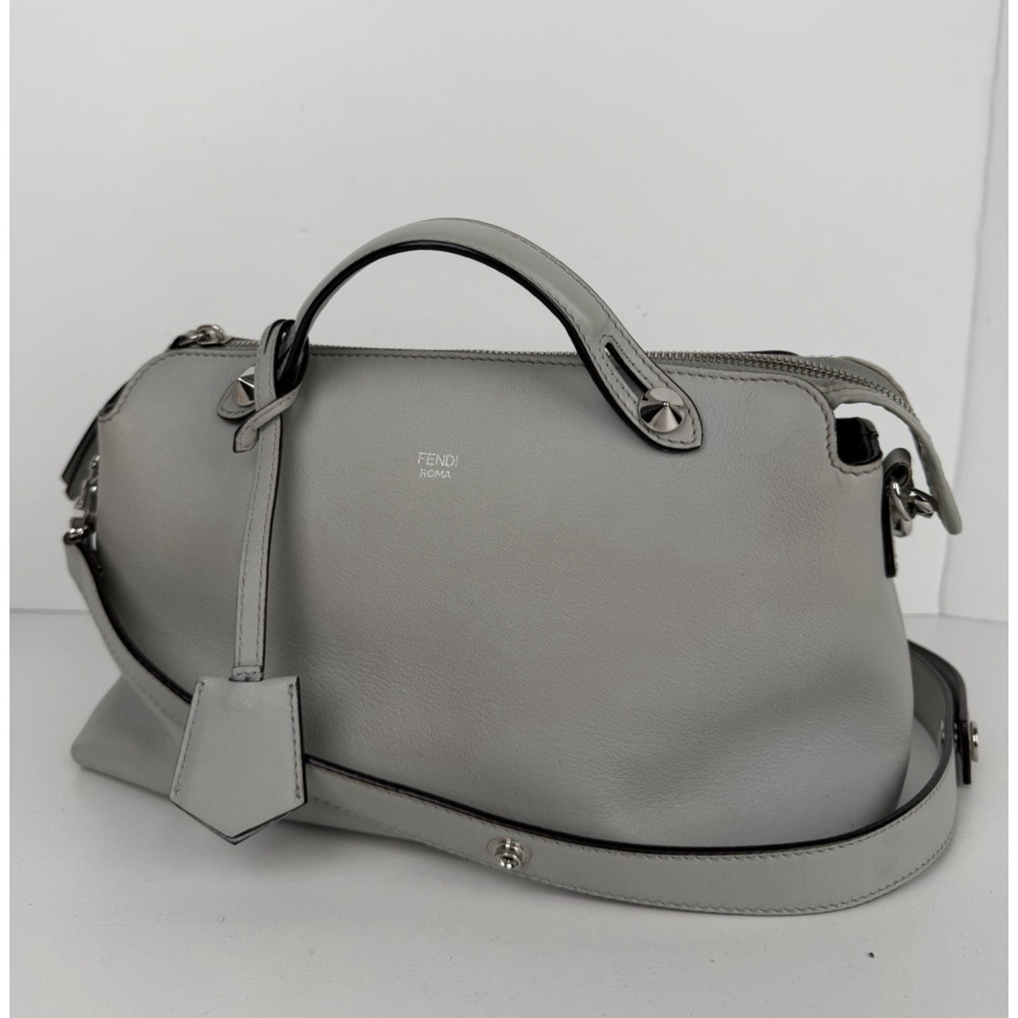 Fendi By The Way Medium Satchel Bag in Gray Leather with Studded Details S01