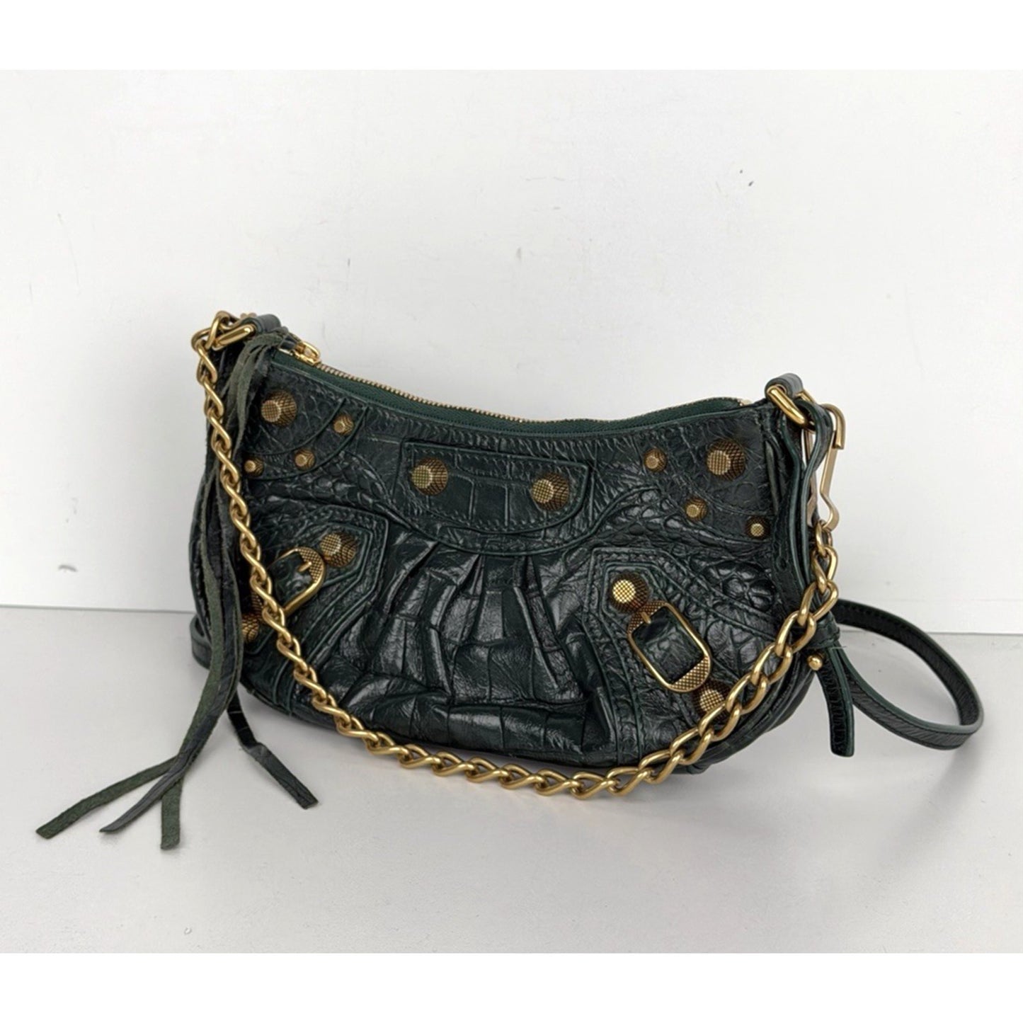 Balenciaga Le Cagole Mini Shoulder Bag in Dark Green Croc-Embossed Leather S-01