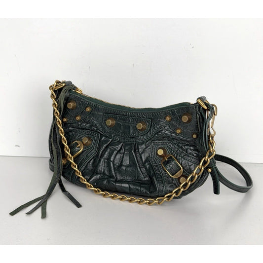 Balenciaga Le Cagole Mini Shoulder Bag in Dark Green Croc-Embossed Leather S-01