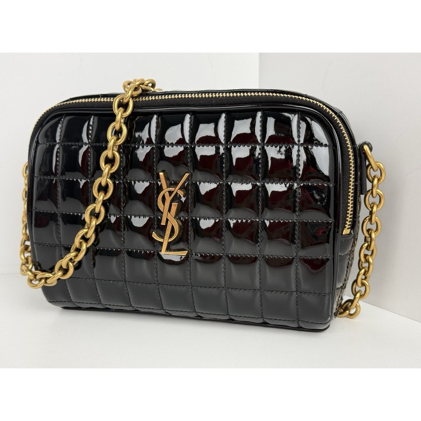 Saint Laurent Patent Calfskin Carré Quilted Cassandre Mini Camera Bag Black