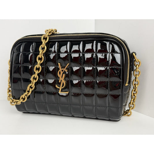 Saint Laurent Patent Calfskin Carré Quilted Cassandre Mini Camera Bag Black