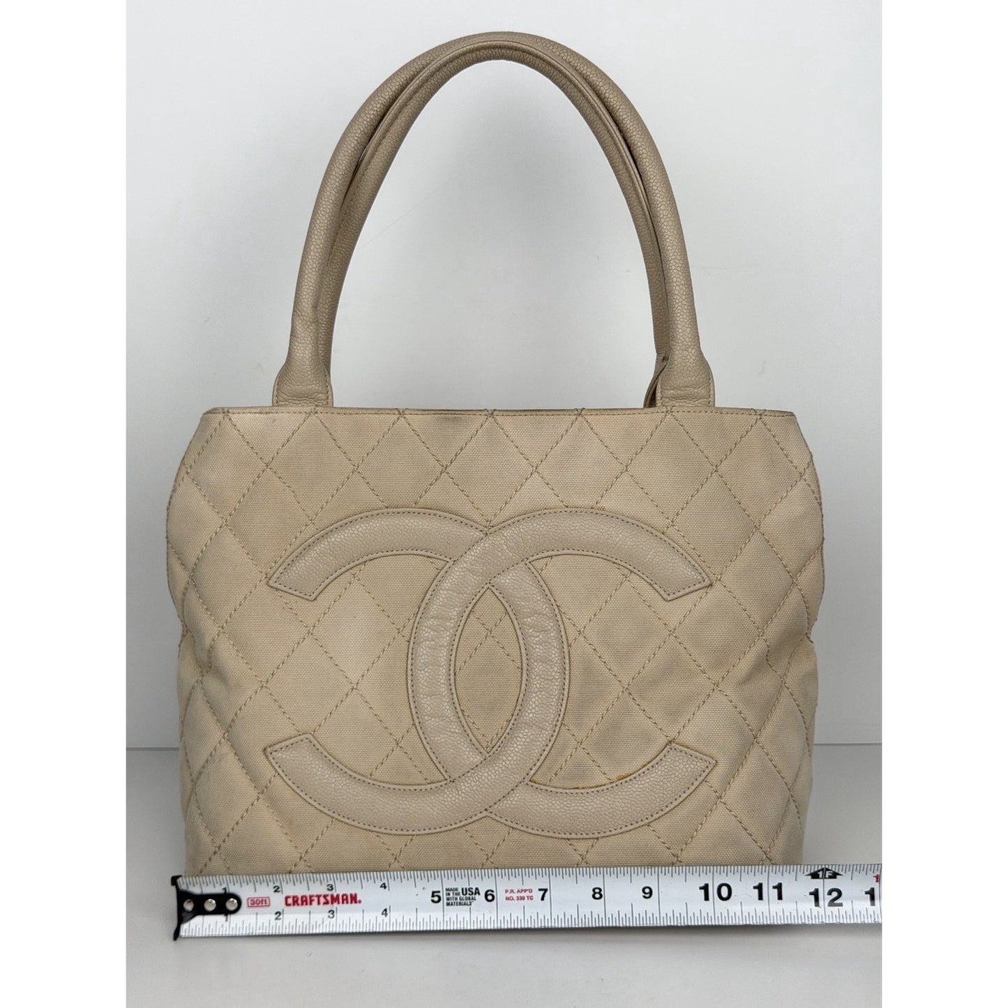 Chanel Quilted Caviar Logo and Canvas Medallion Tote Handbag Beige 2004-2005 C7