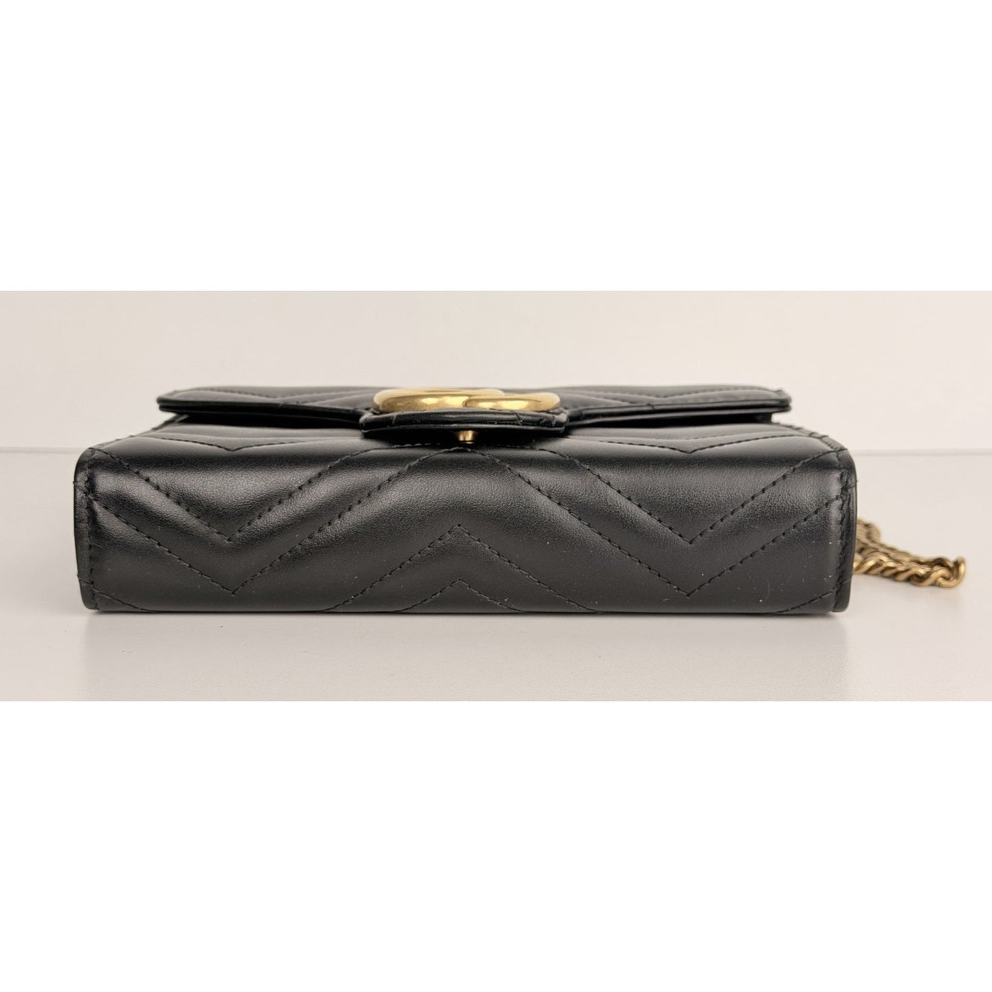 Gucci GG Marmont Shoulder Bag Mini Black Matelasse Leather & Gold-Tone Chain S06