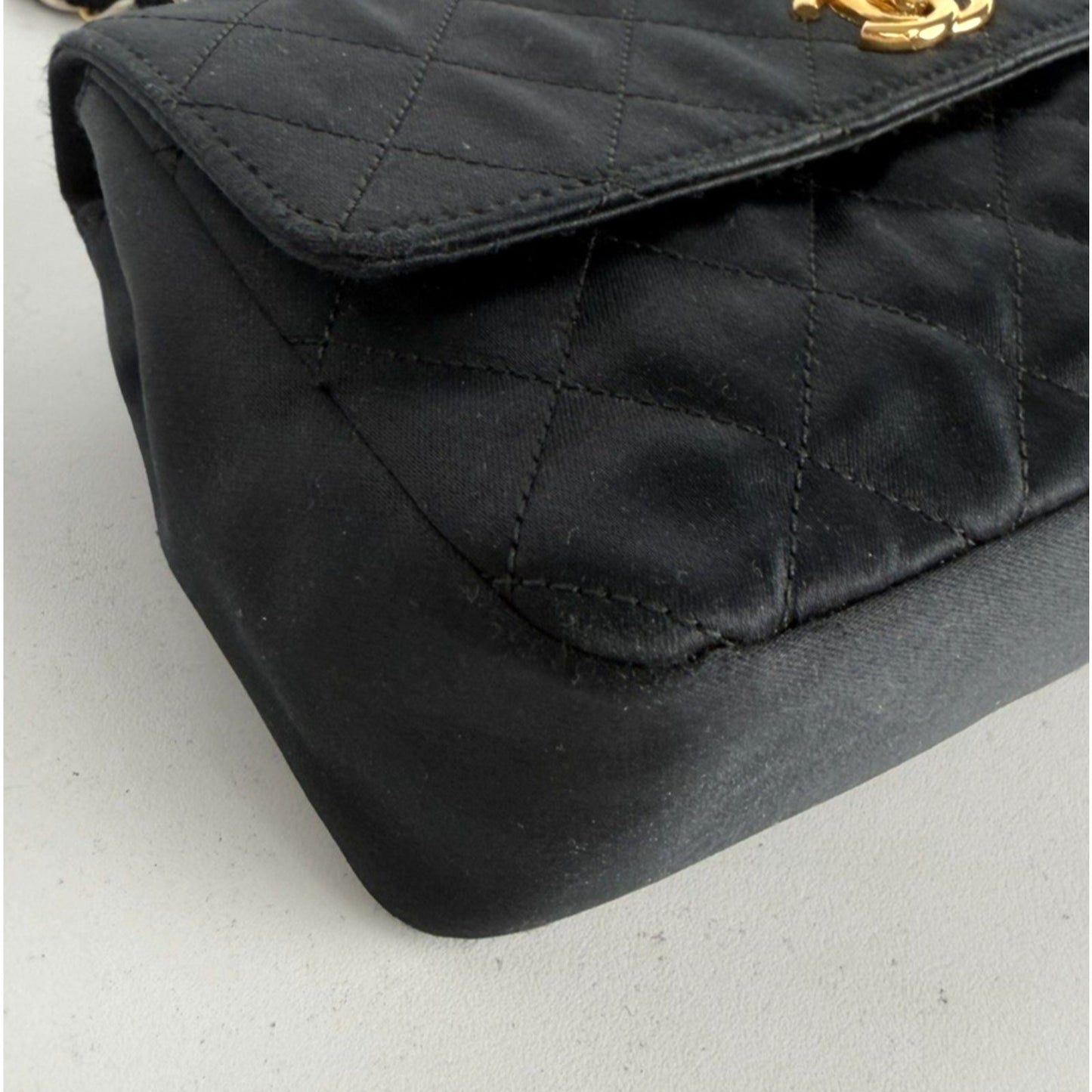 Chanel Satin Quilted CC Flap Mini Bag Vintage in Black with Gold HW E8